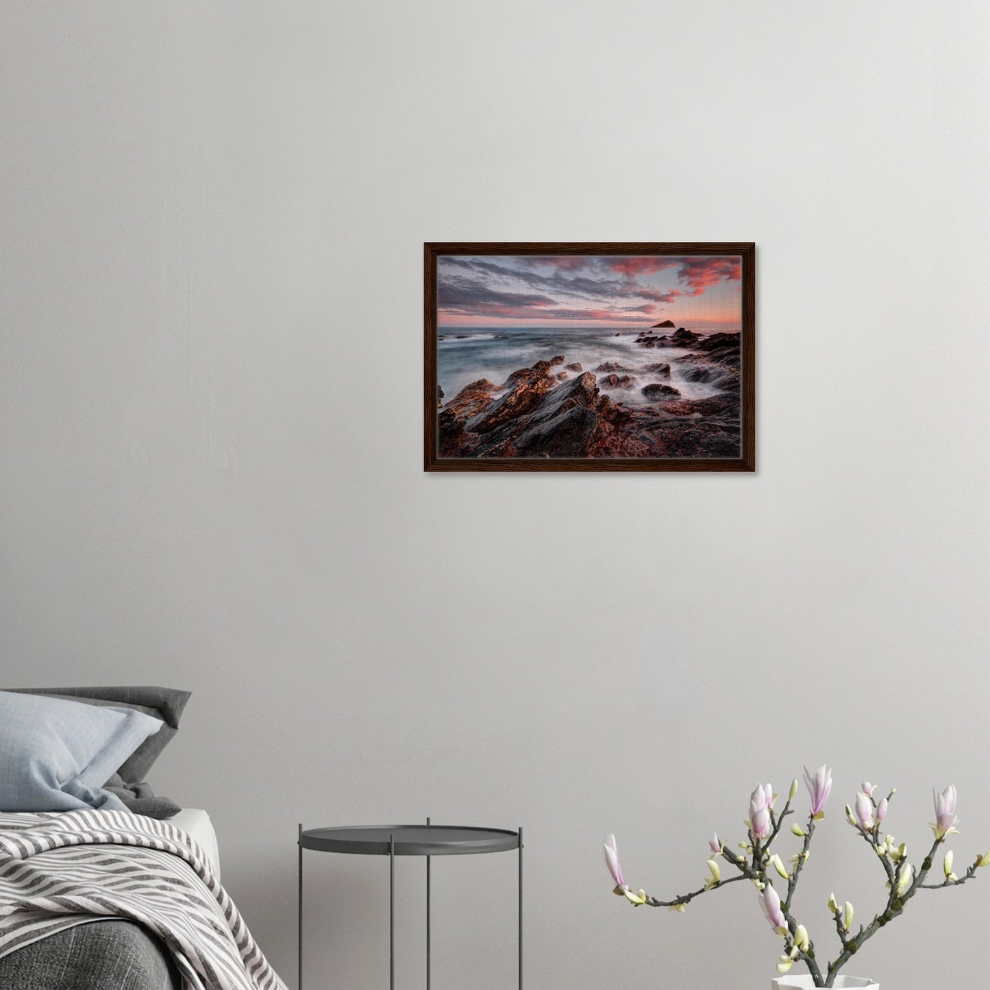 Soft pastel and fiery sky above Wembury Beach and the Mewstone