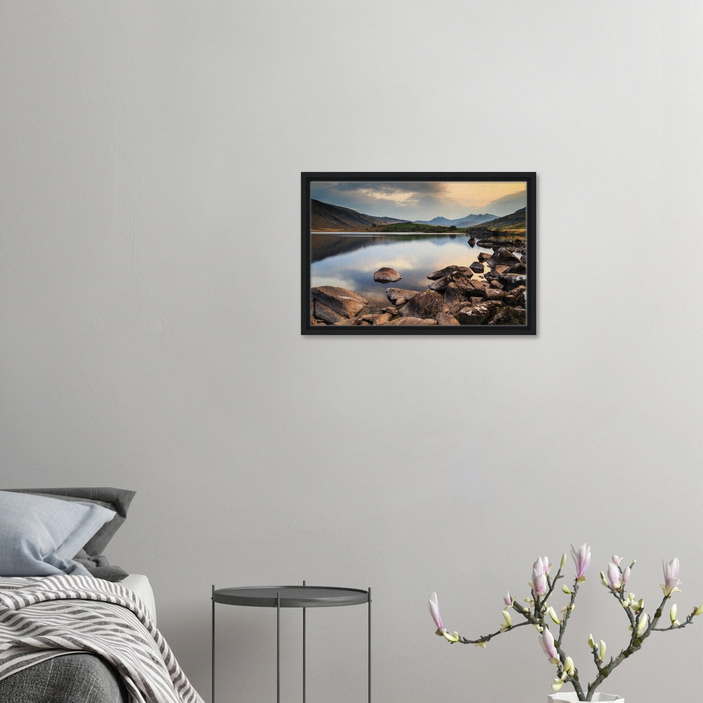 Lake reflections and distant peaks in Snowdonia print