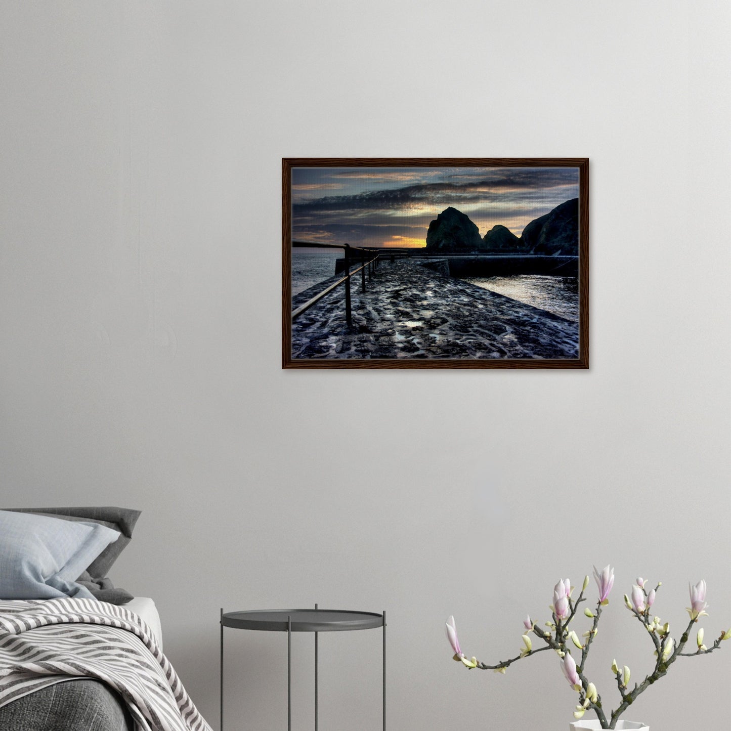 Mullion Cove framed print with iconic cliffs and slipway