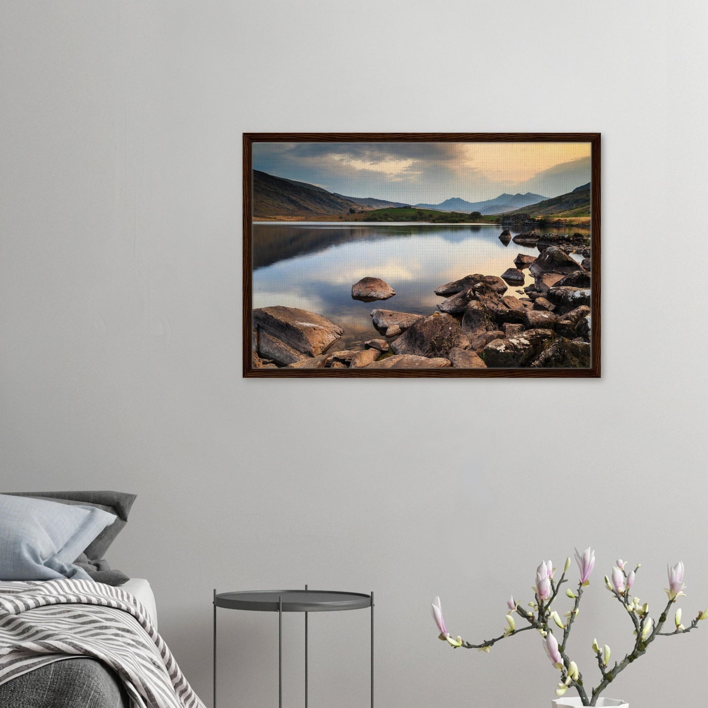 Tranquil scene from Snowdonia’s Llynnau Mymbyr at sunset