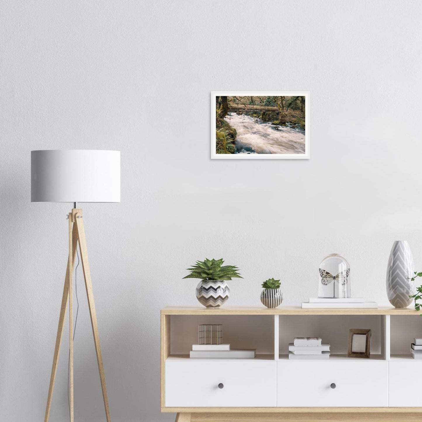 Atmospheric framed wall art of River Plym bridge in Dartmoor