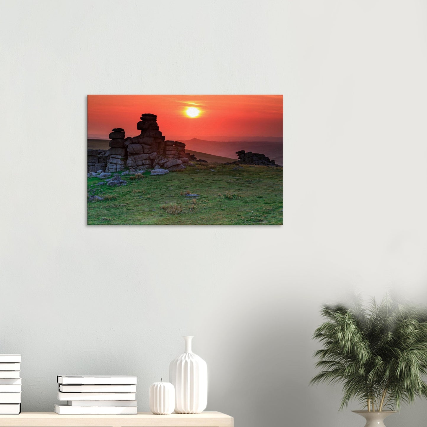 Dramatic Dartmoor moorland at dusk with Great Staple Tor, canvas wall art.