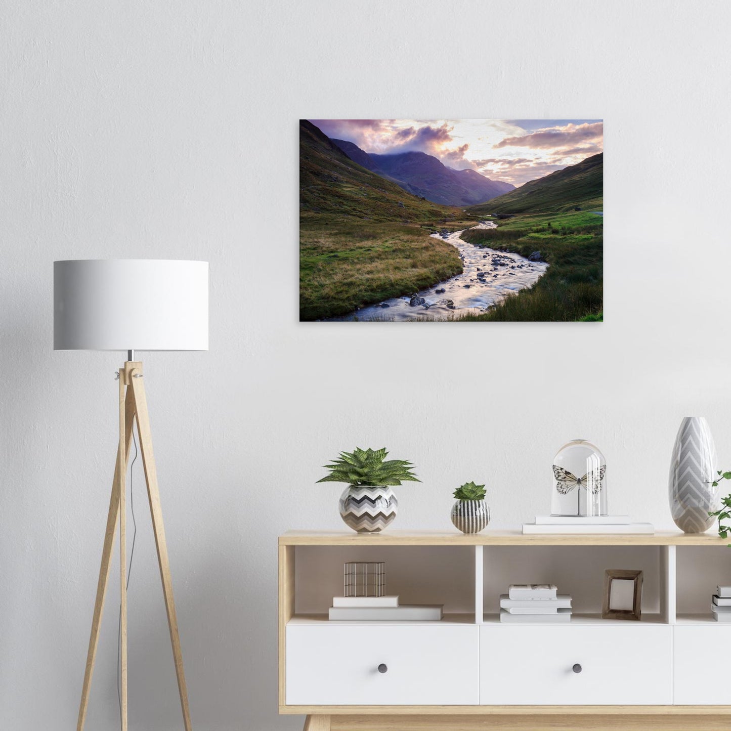 Tranquil Honister Pass landscape canvas highlighting the serene glow of dusk with a flowing brook and cloud-covered peaks.
