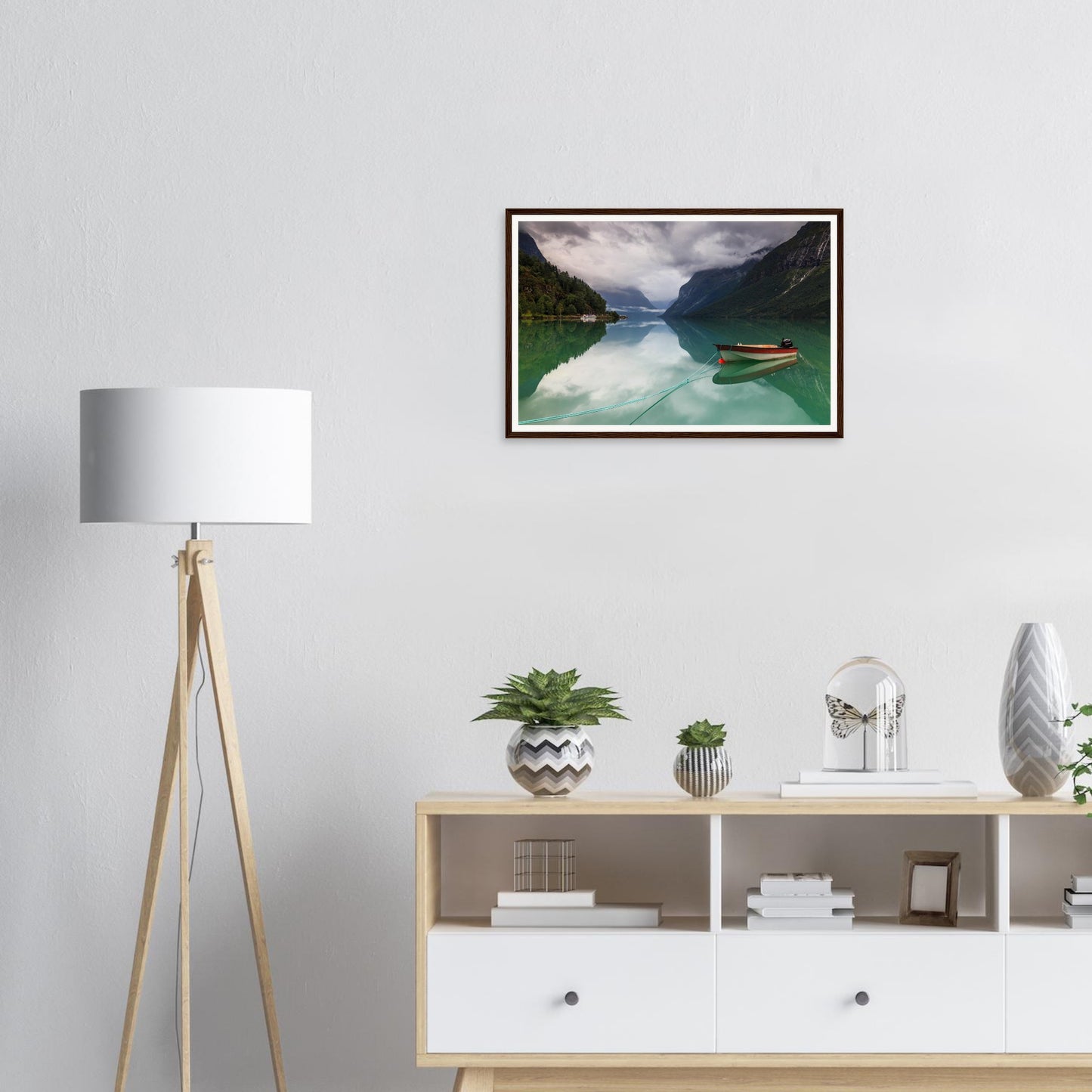 Boat floating idly on Lovatnet Lake Norway framed print