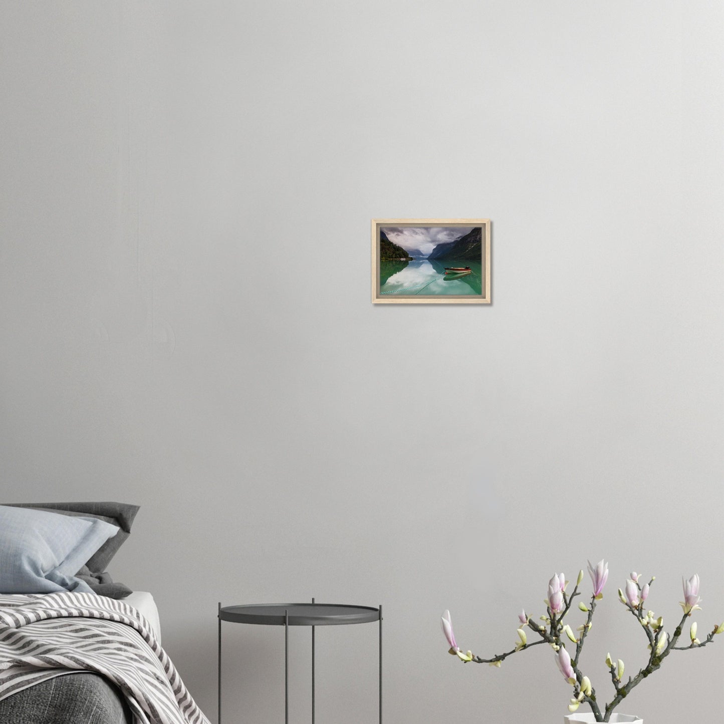 Solitary red boat tethered at Lovatnet shore in canvas print