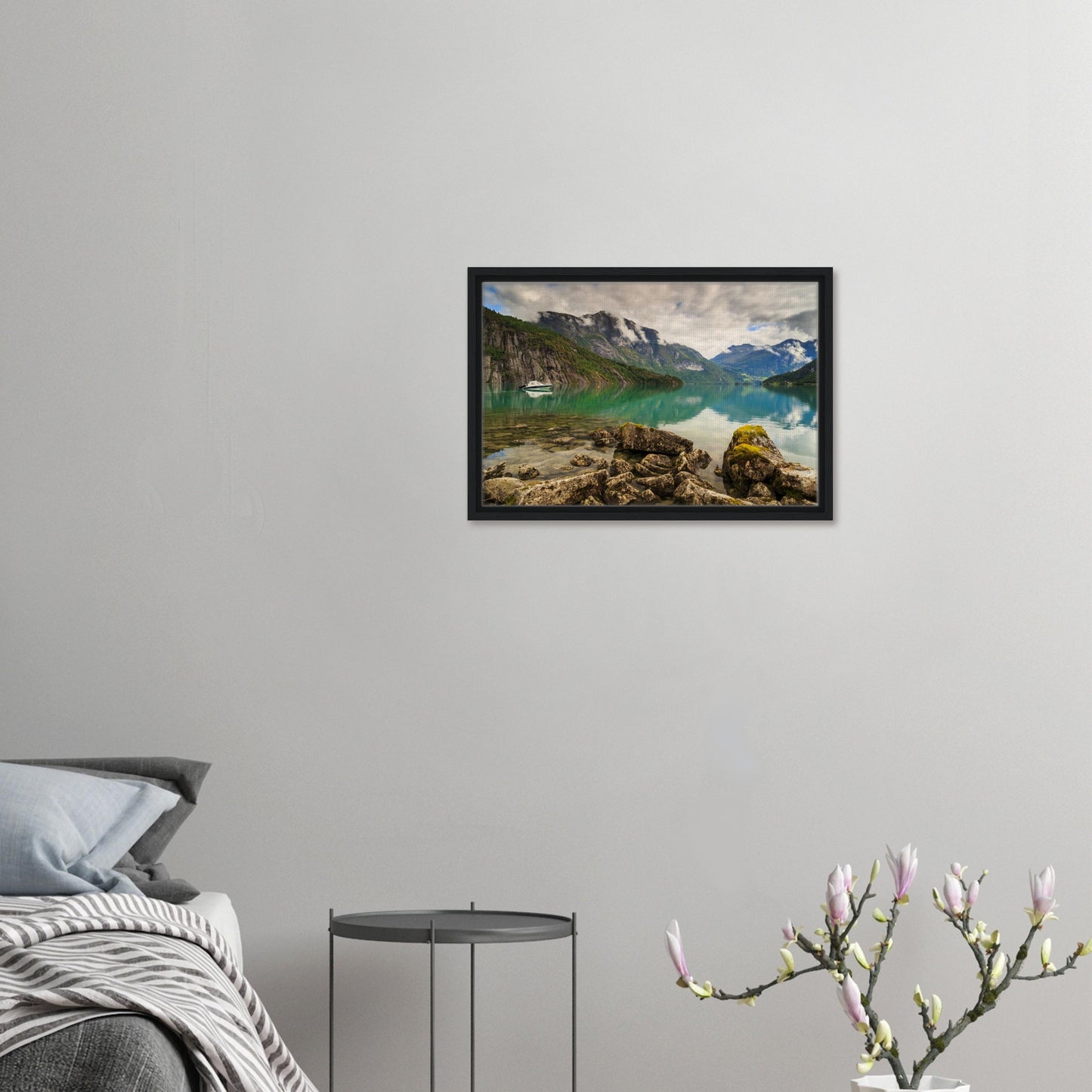 Mist-shrouded cliffs reflecting in Strynevatnet Lake print