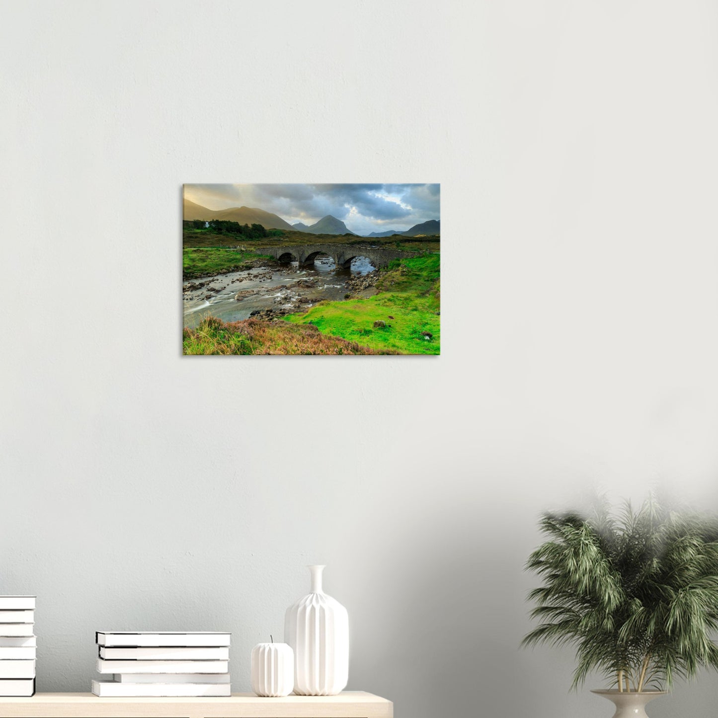 Canvas artwork of ancient bridge in Sligachan, Isle of Skye, with the Cuillin mountains looming beyond.