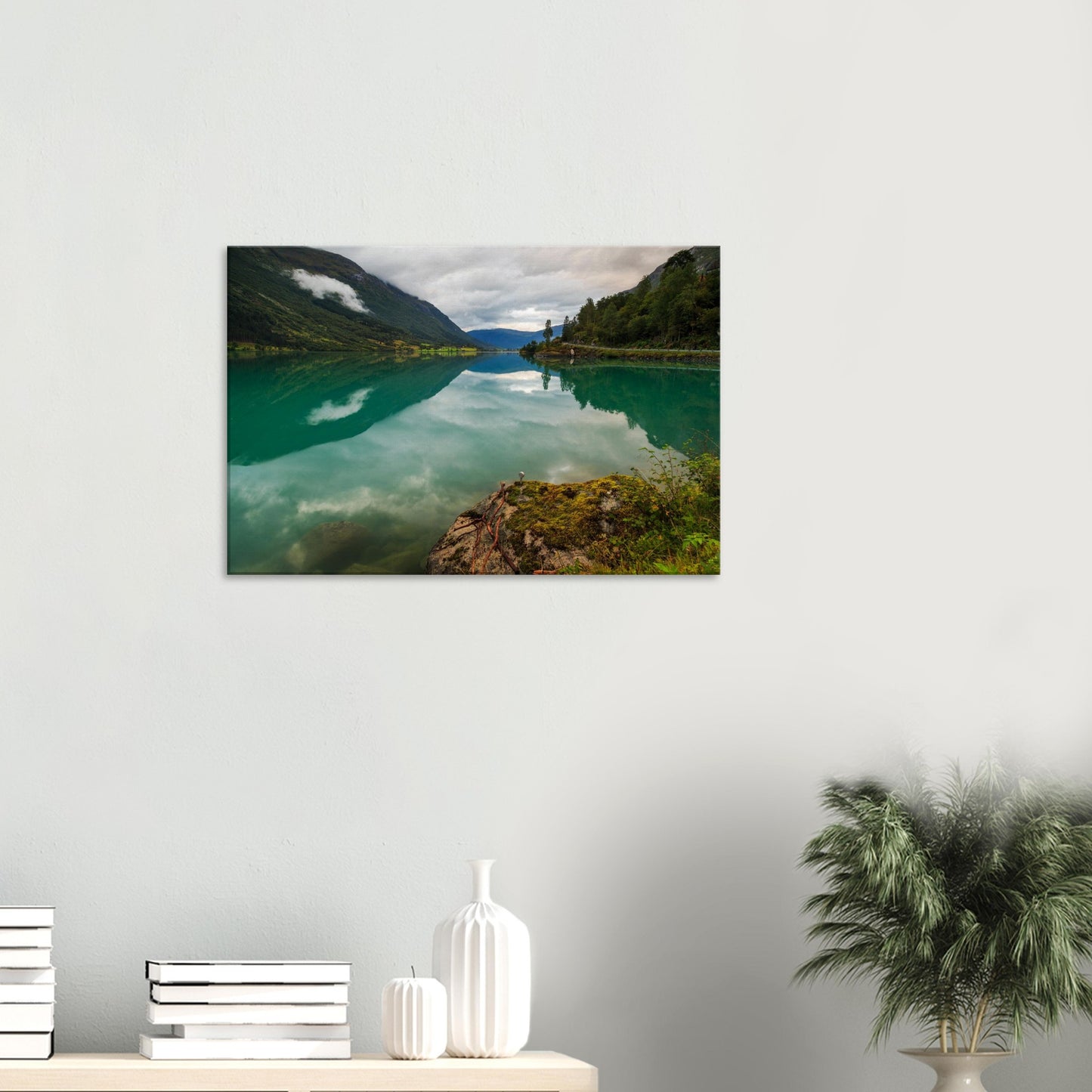 Canvas landscape print of Oldevatnet’s still waters and misty mountains.