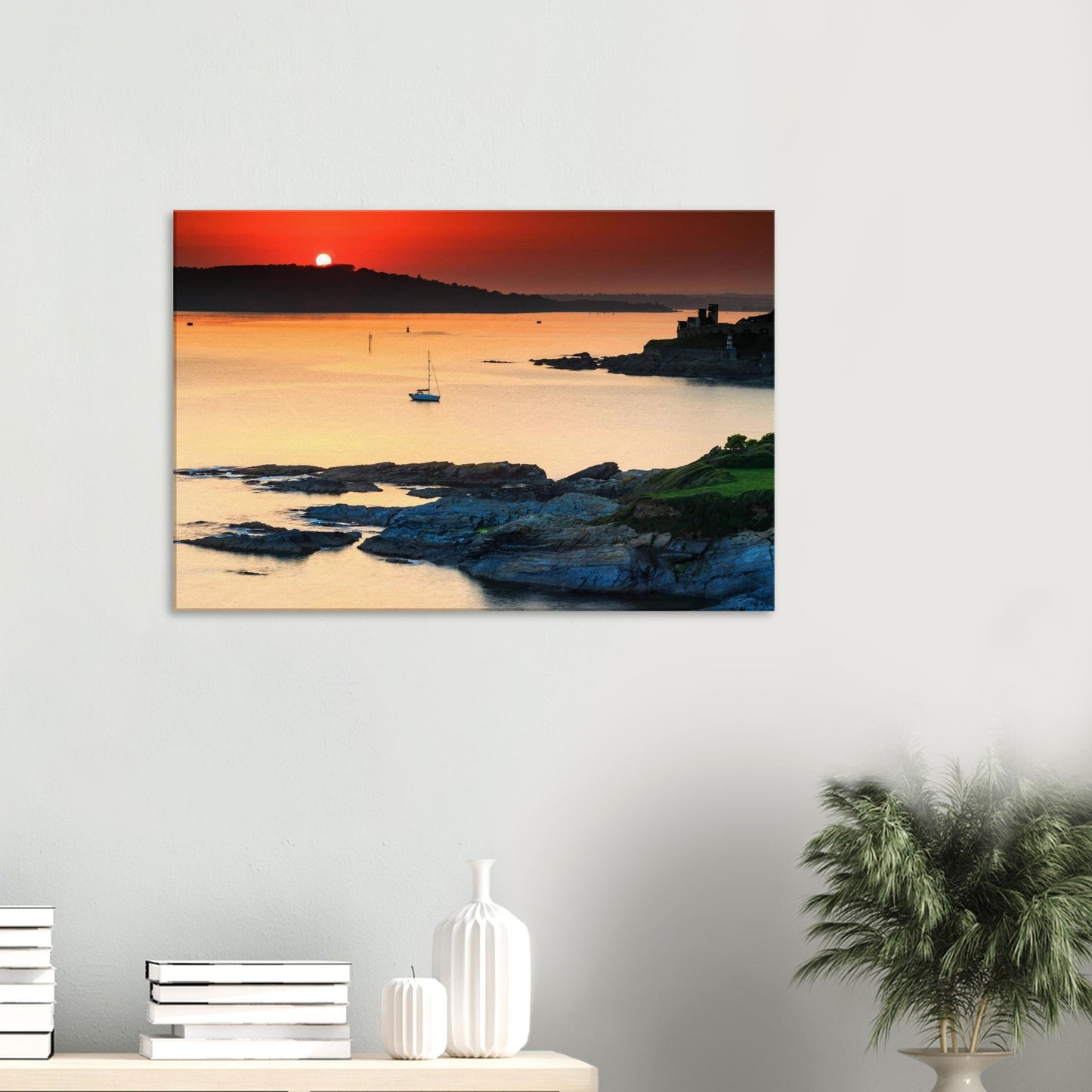 Vibrant sunset over the English Channel captured from Plymouth Sound in a canvas print.