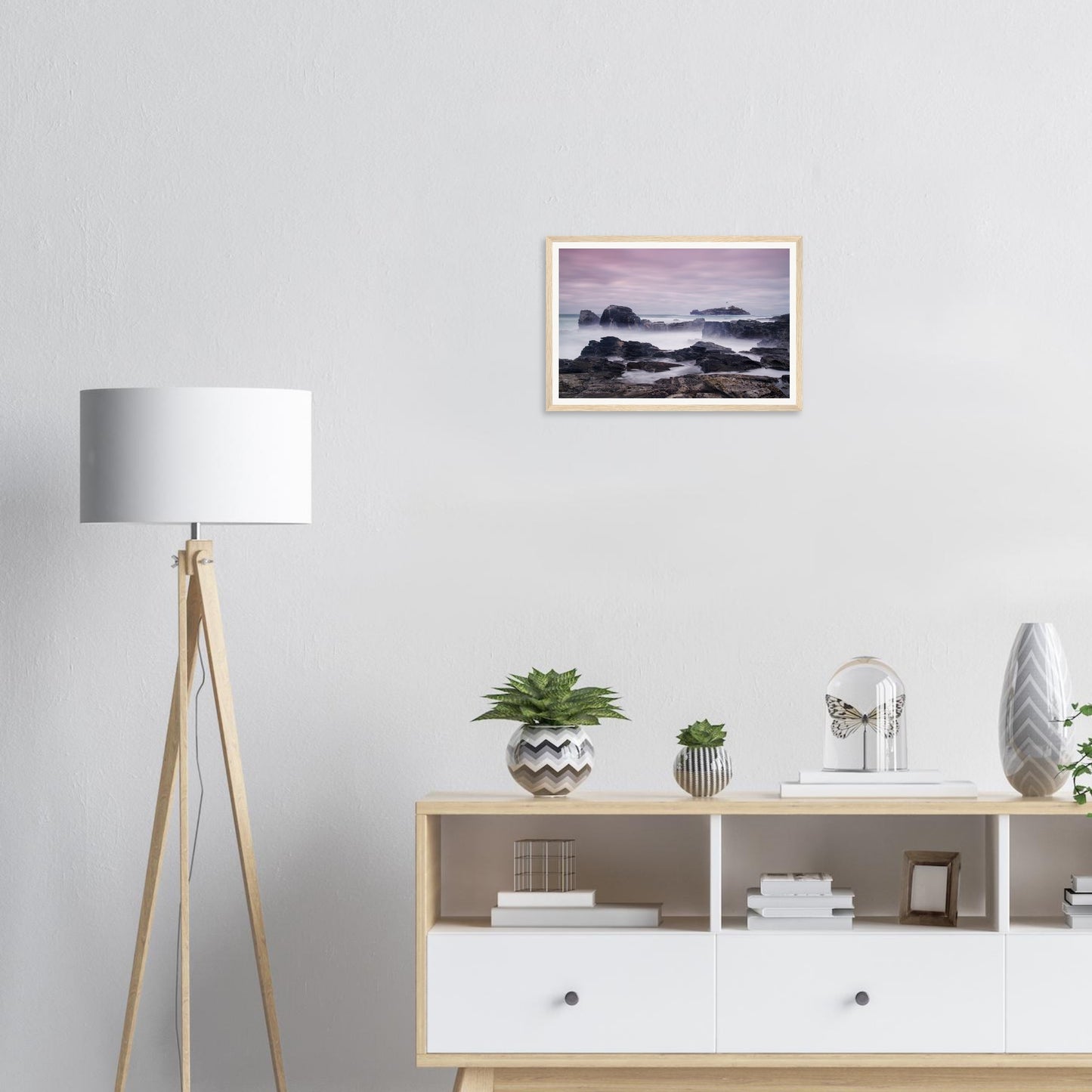 Dreamlike coastal scene with Godrevy Lighthouse framed art