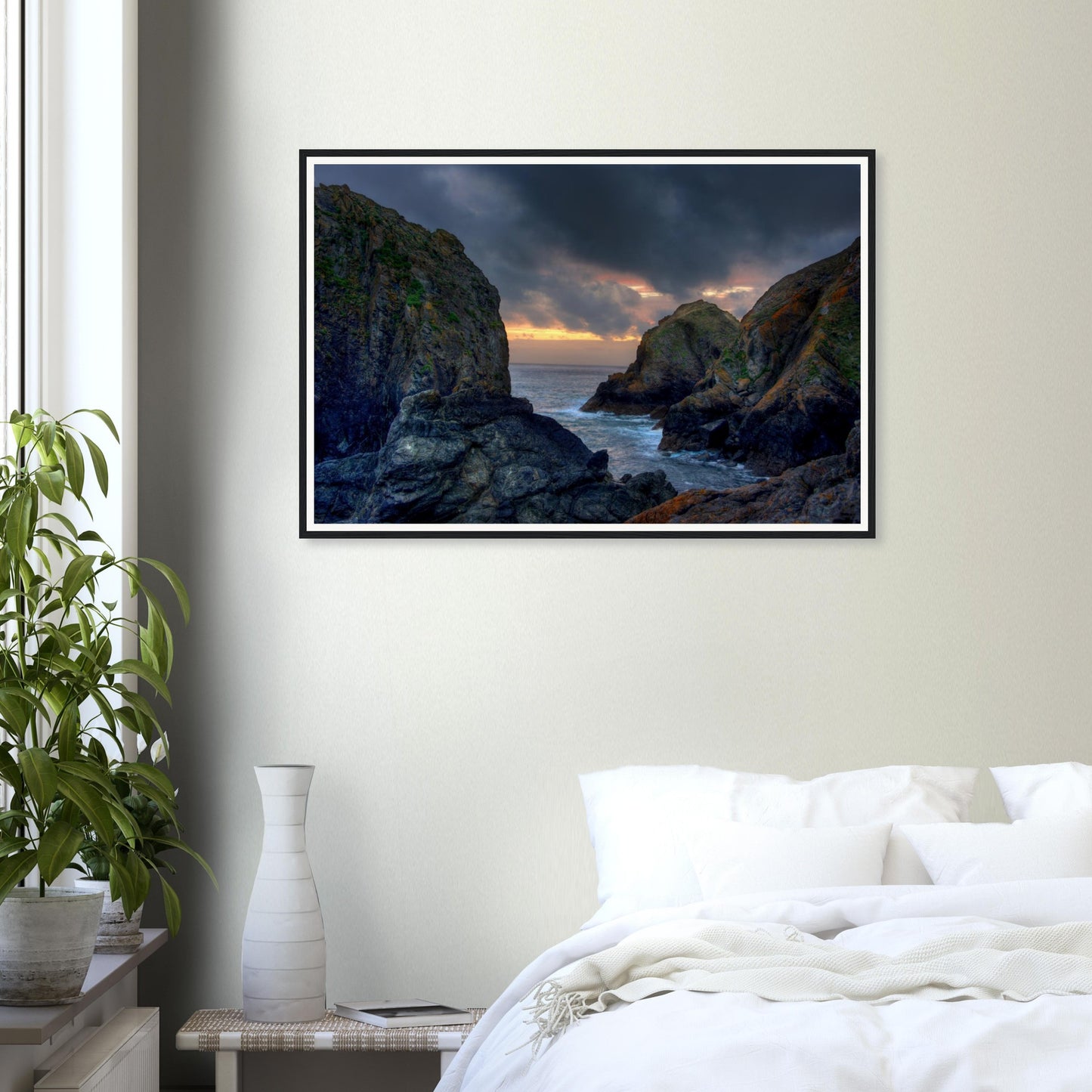 Mullion Cove framed canvas print with tranquil sea and cliffs
