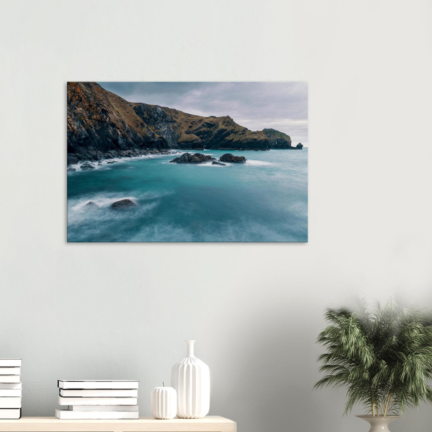 Mullion Cove canvas print featuring dramatic Cornish cliffs and turquoise sea
