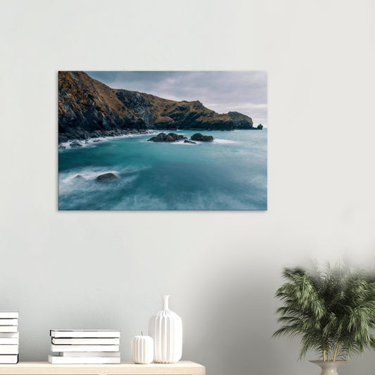 Mullion Cove canvas print featuring dramatic Cornish cliffs and turquoise sea