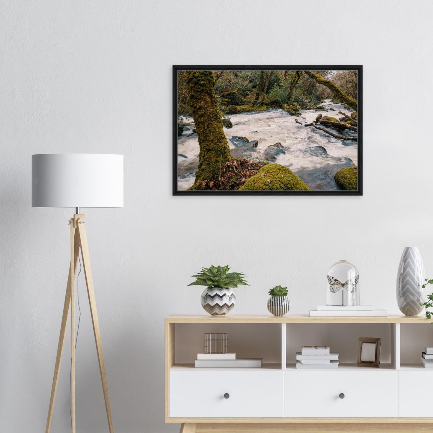 Natural woodland stream with rapids and moss detail