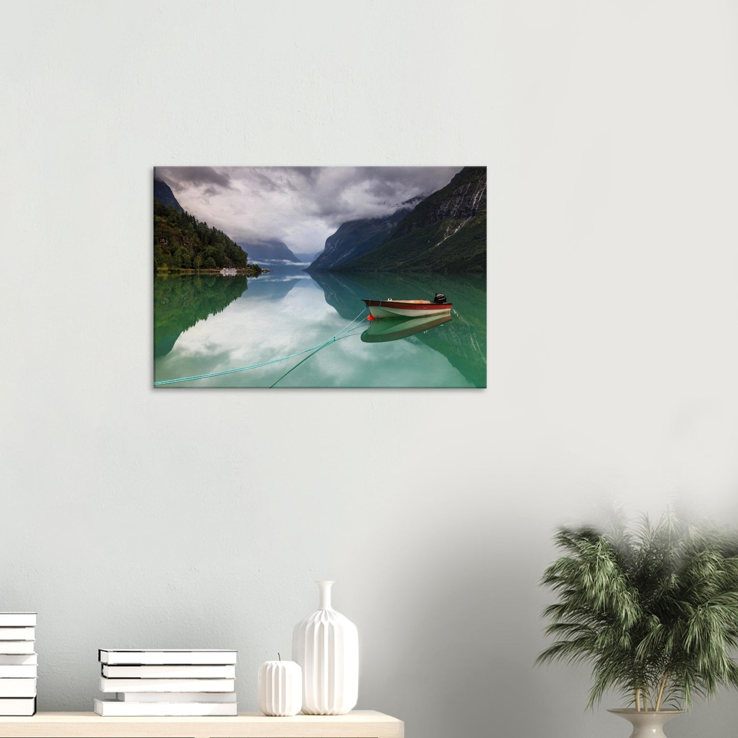 Scenic Lovatnet Lake artwork featuring solitude and natural beauty in Norway.