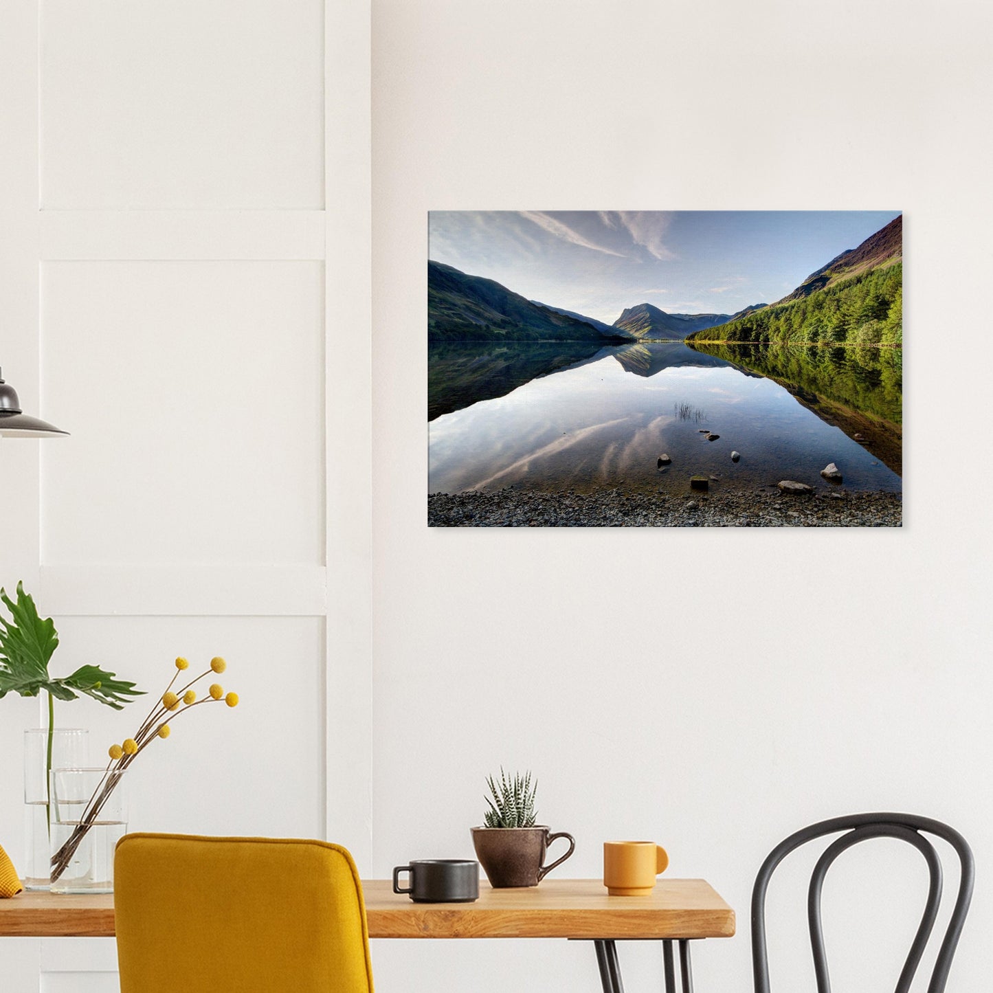 Buttermere canvas featuring mountain reflections, tranquil water, and sunlight dancing across craggy peaks in the early hours.
