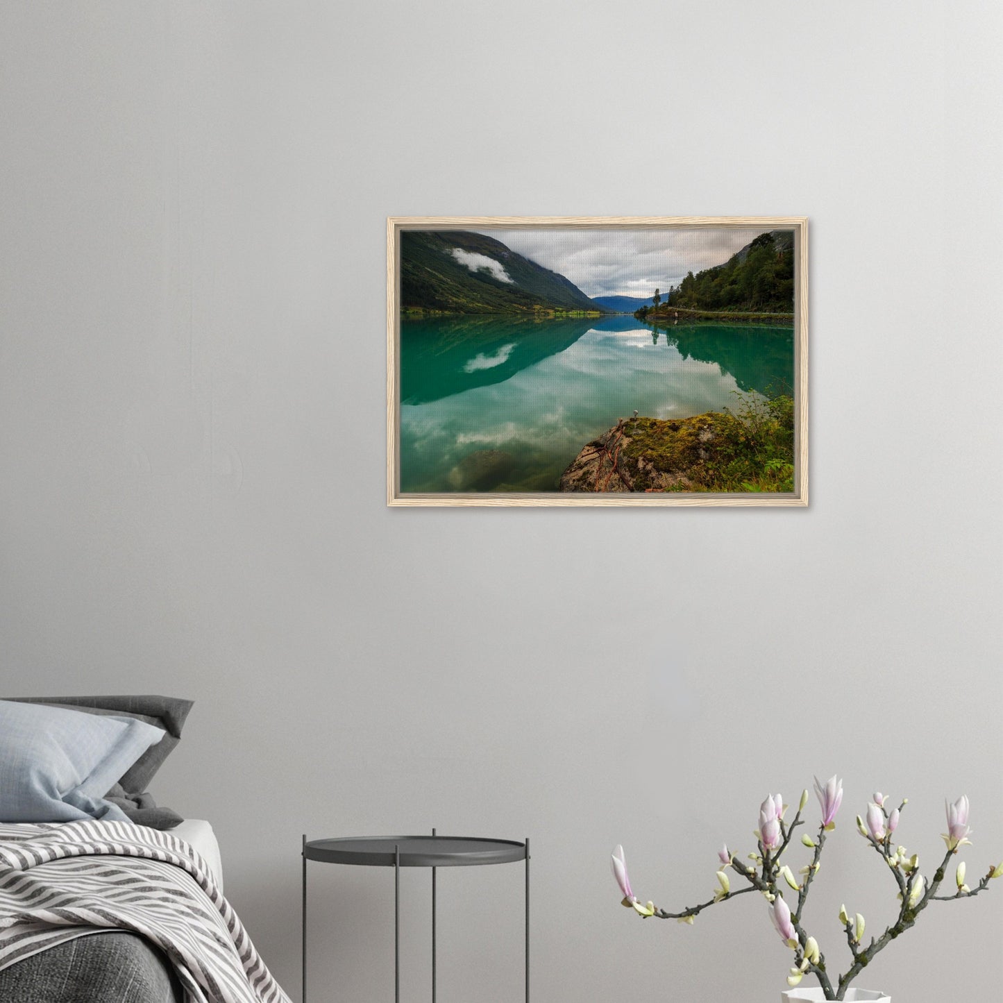 Scenic view of Oldevatnet Lake with mossy outcrop in canvas