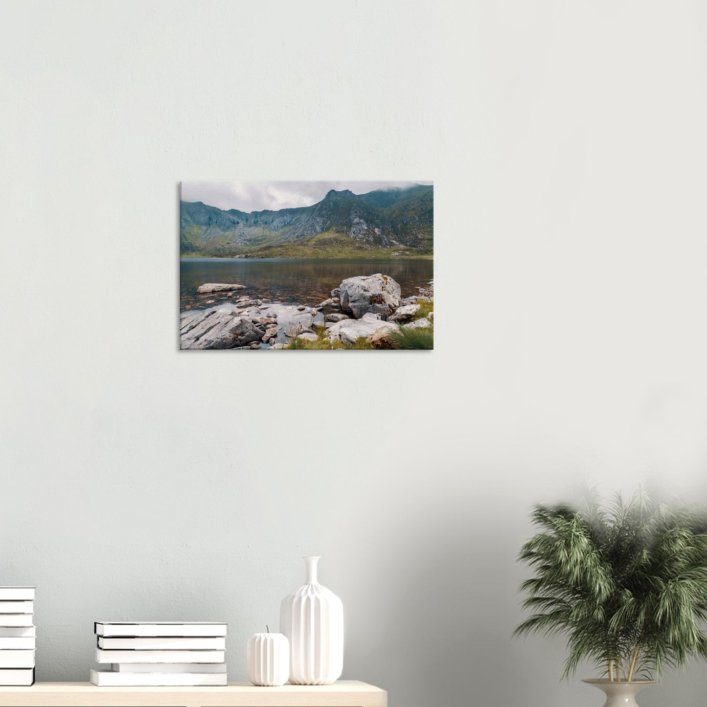 Snowdonia mountains reflecting in Llyn Idwal lake on canvas