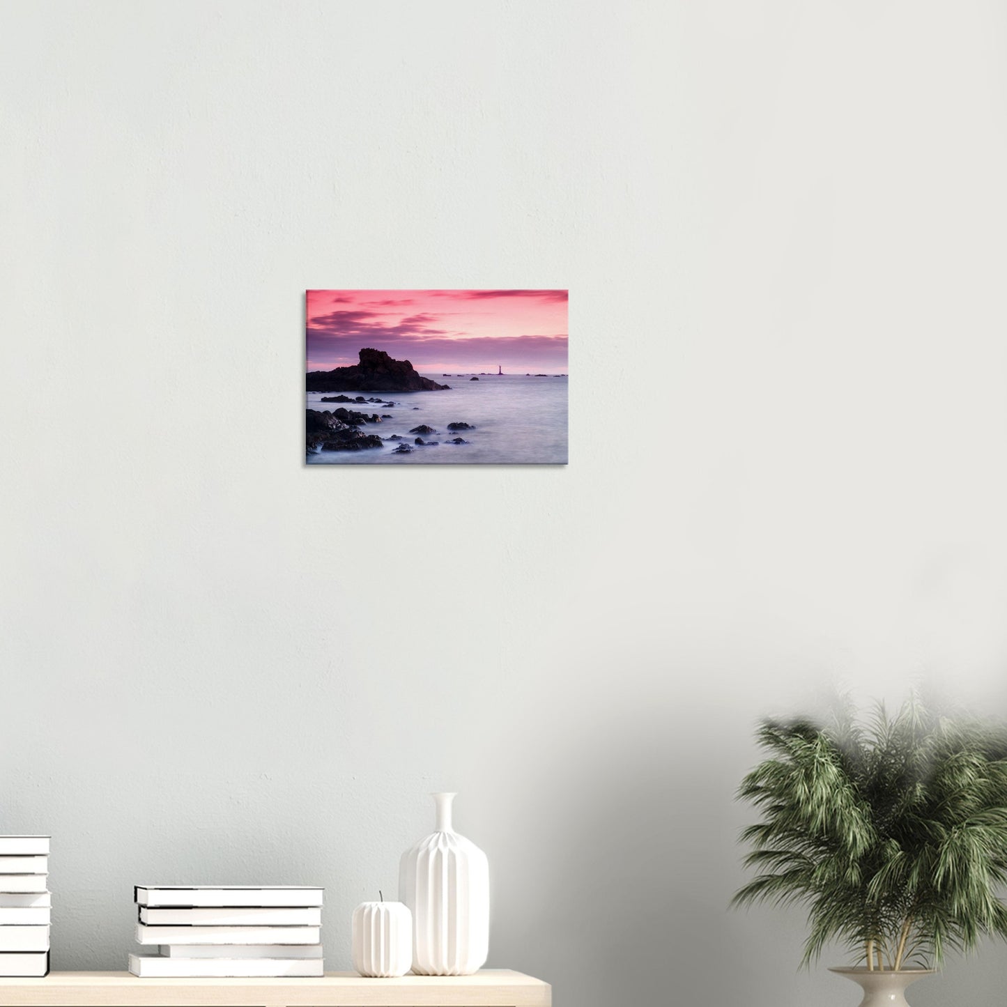 Canvas artwork of twilight over Les Hanois Lighthouse in Guernsey, where sea and sky blend in soft pastel tones.