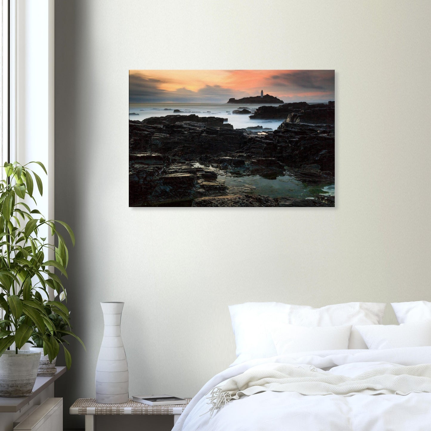 Coastal sunset canvas of Cornwall featuring Godrevy Lighthouse and warm-toned horizon.