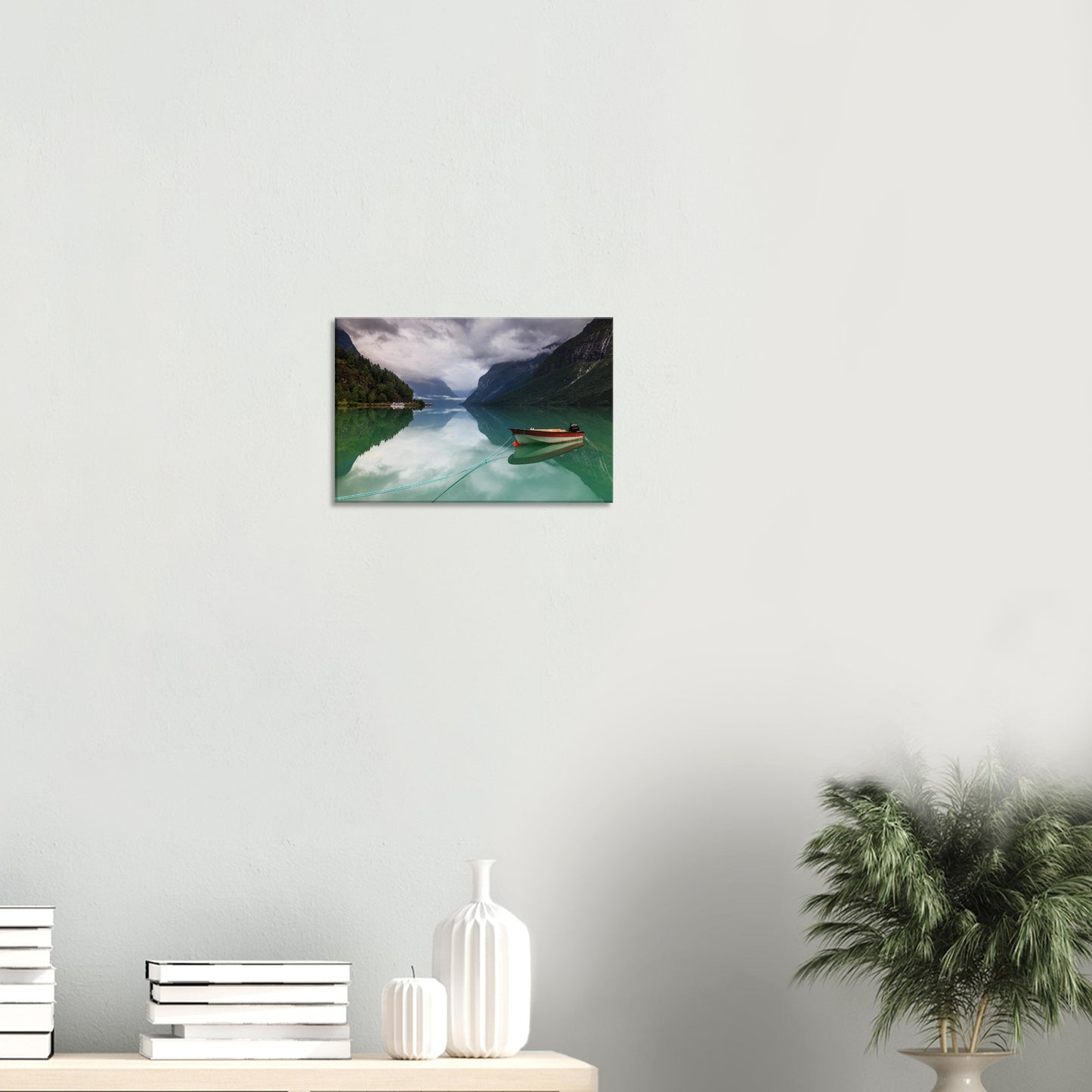 Norway nature print capturing the haunting beauty of Lovatnet Lake at dawn.