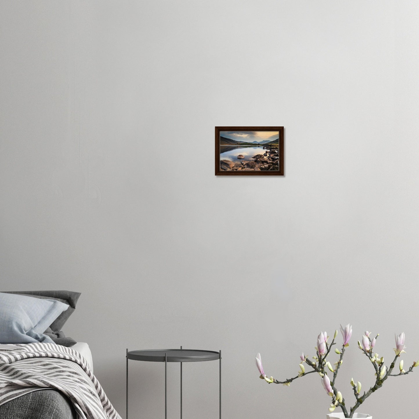 Canvas print of Llynnau Mymbyr with sunset sky and rocks