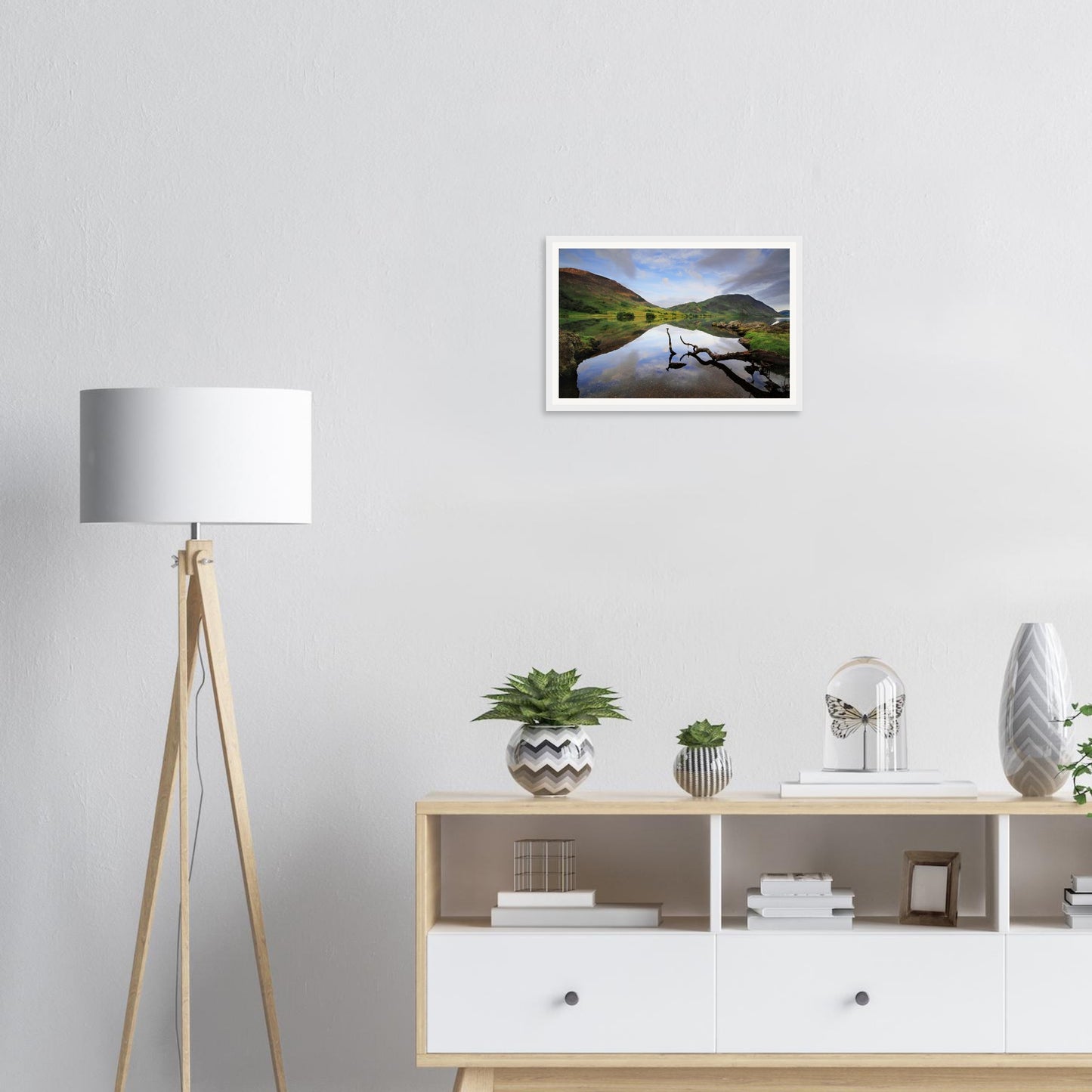 Reflections of soft sky and fells at Crummock Water framed print