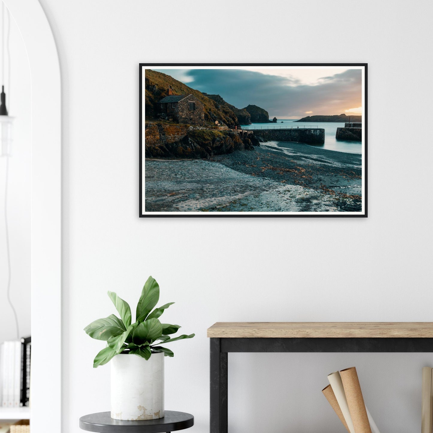 Cornish harbour framed print of Mullion Cove in muted colours