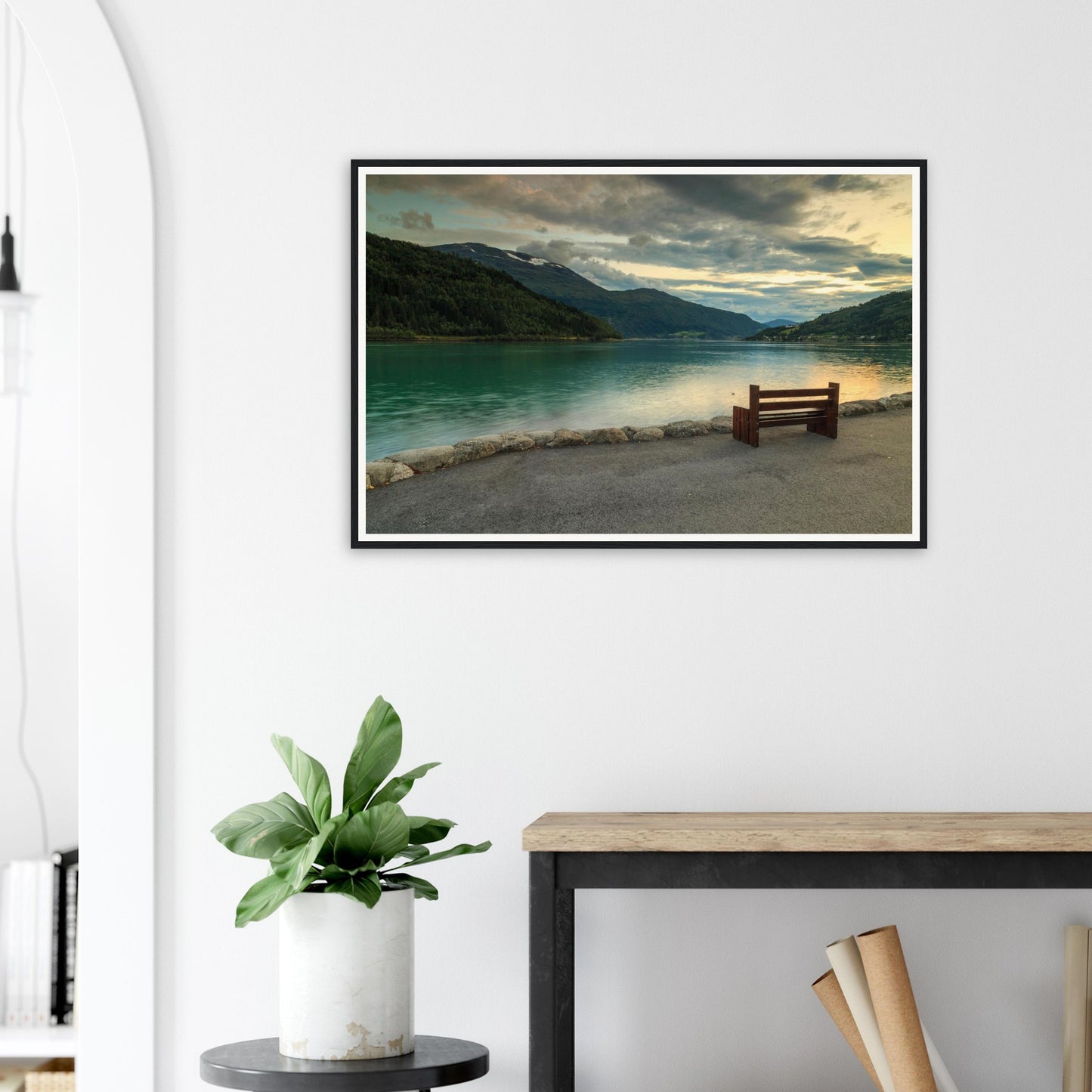 Peaceful Norwegian fjord framed wall art with twilight glow