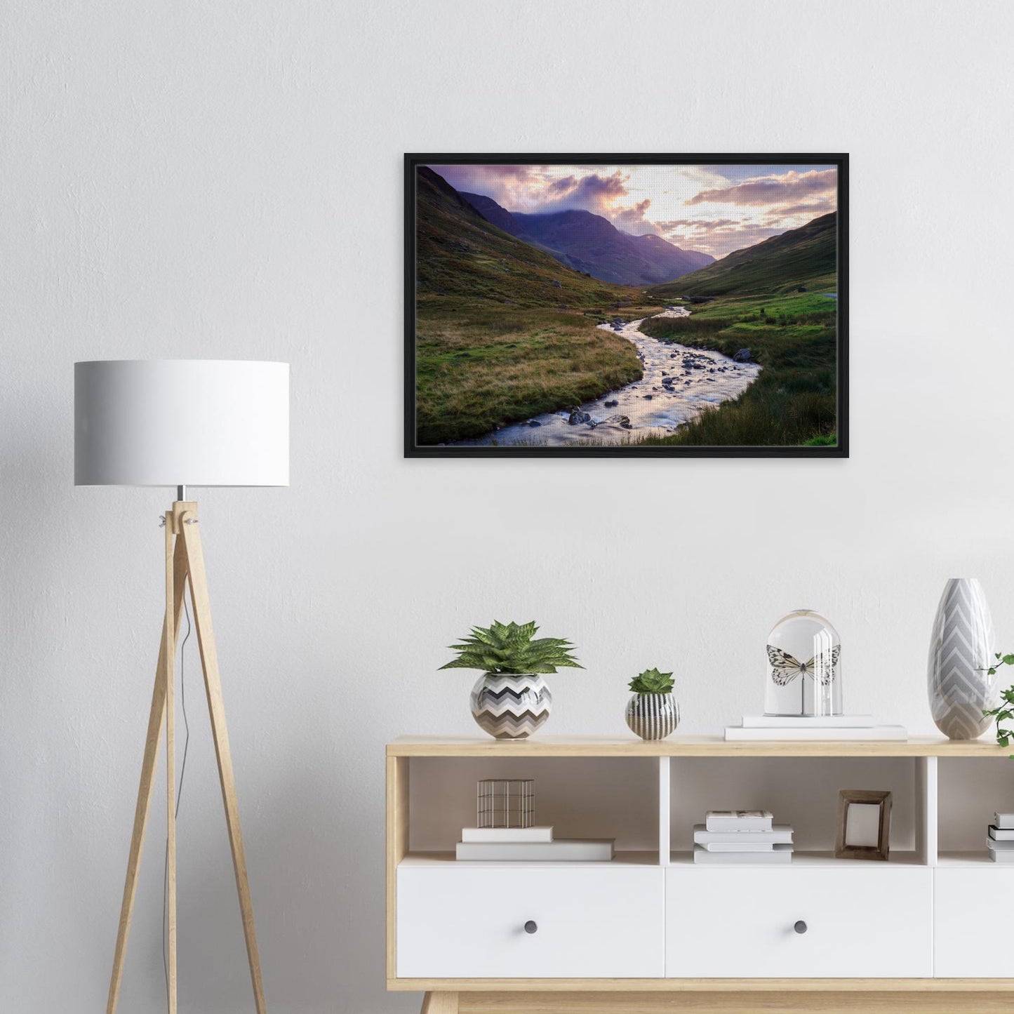 Honister Pass canvas with tranquil stream and glowing hills