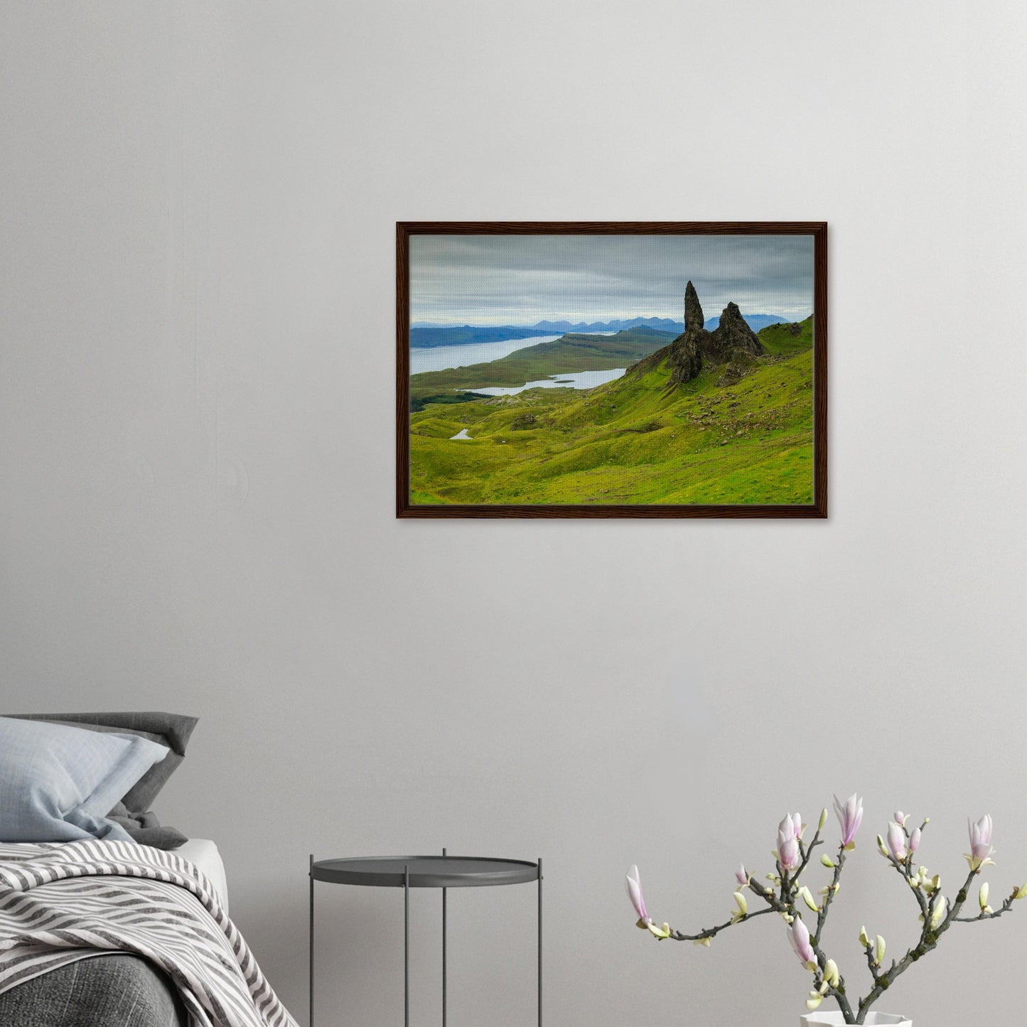 Framed canvas of The Old Man of Storr and coastal countryside