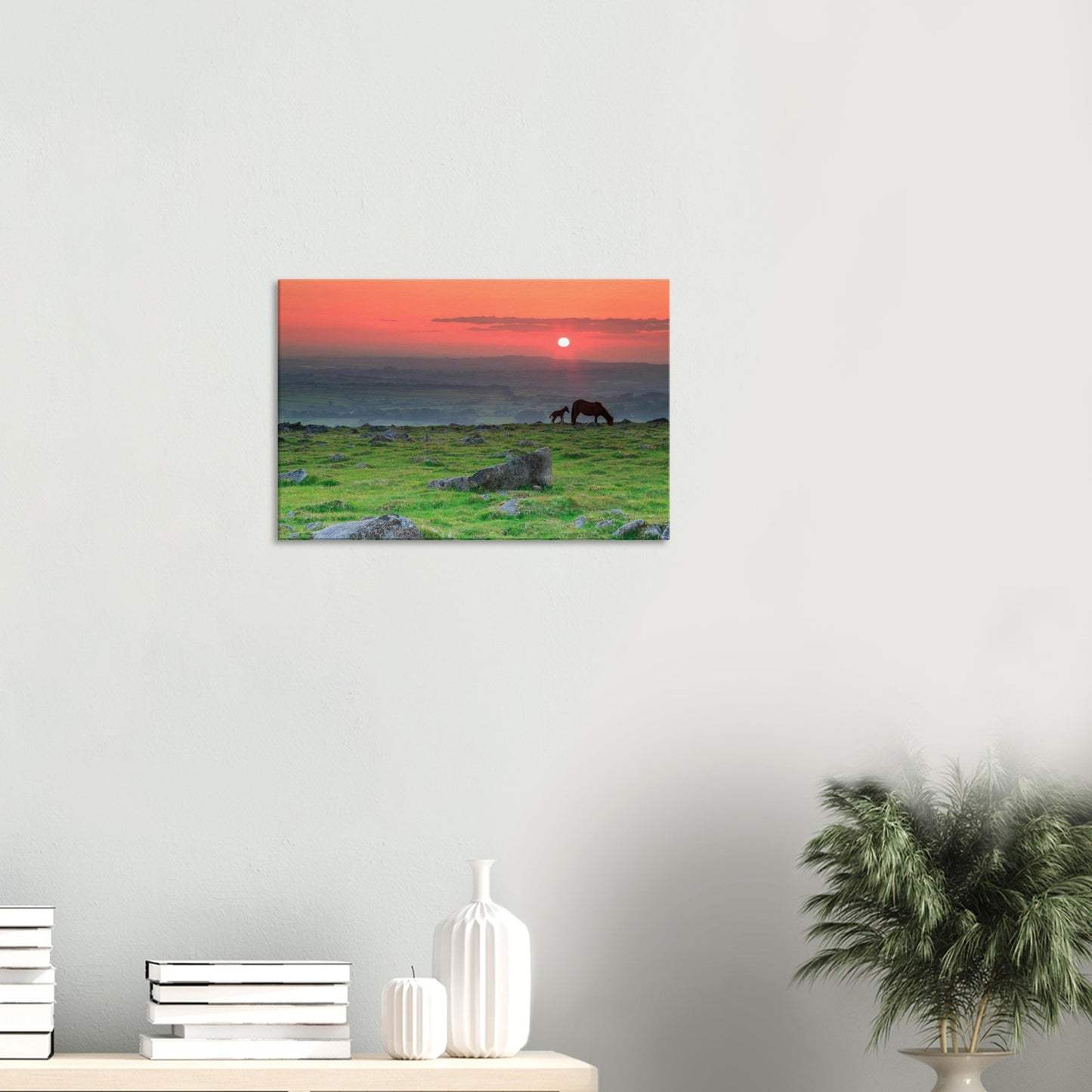 Serene Dartmoor moorland sunset with ponies in silhouette, canvas print.