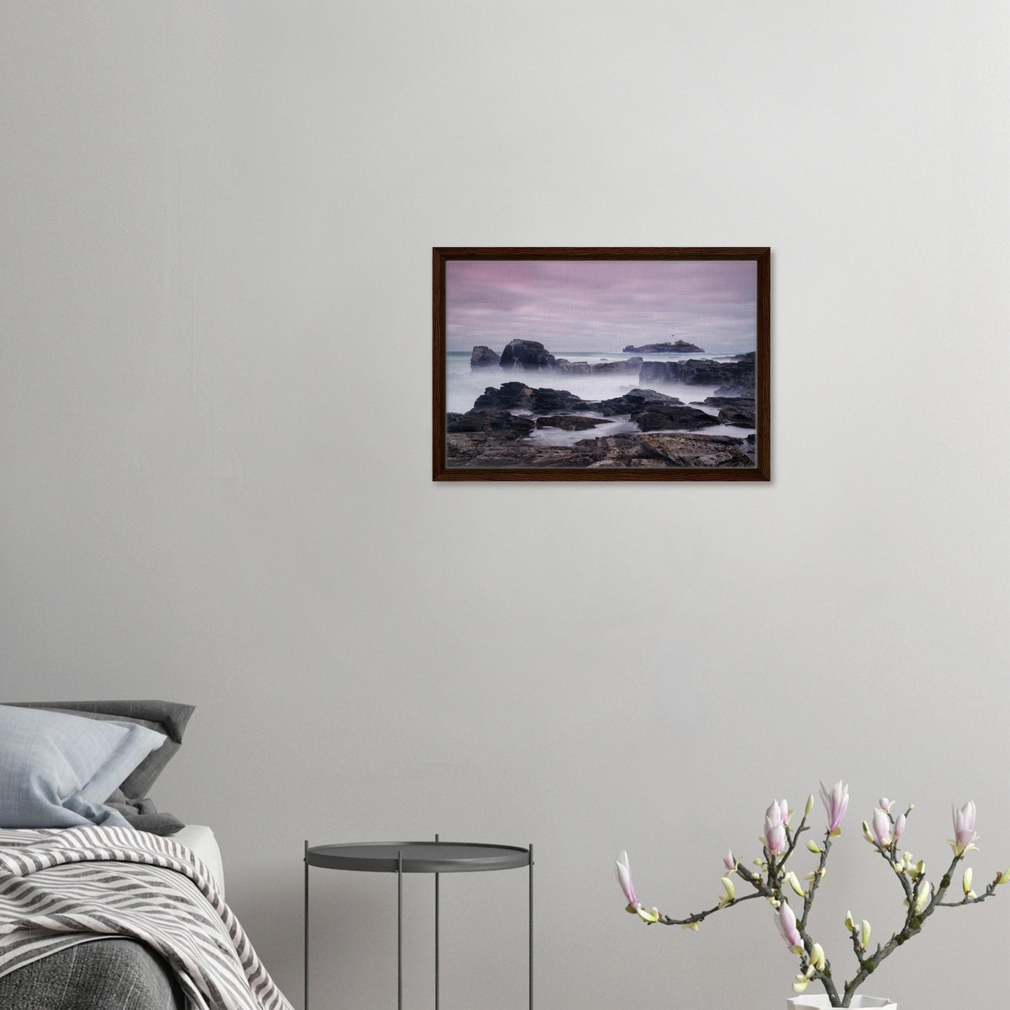Framed wall art of Godrevy rocks and pastel sunset sky