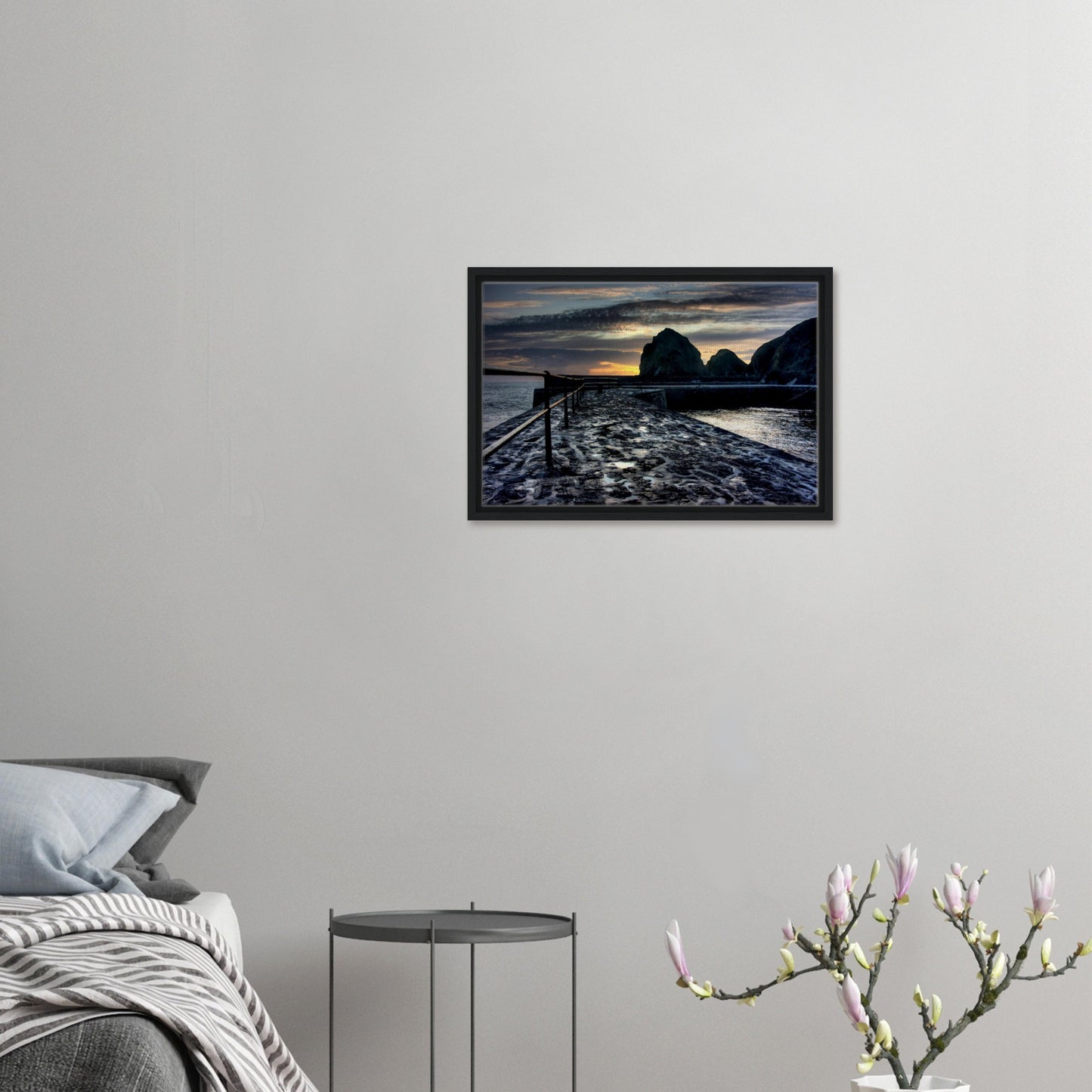 Evening light on the slipway at Mullion Cove in framed canvas