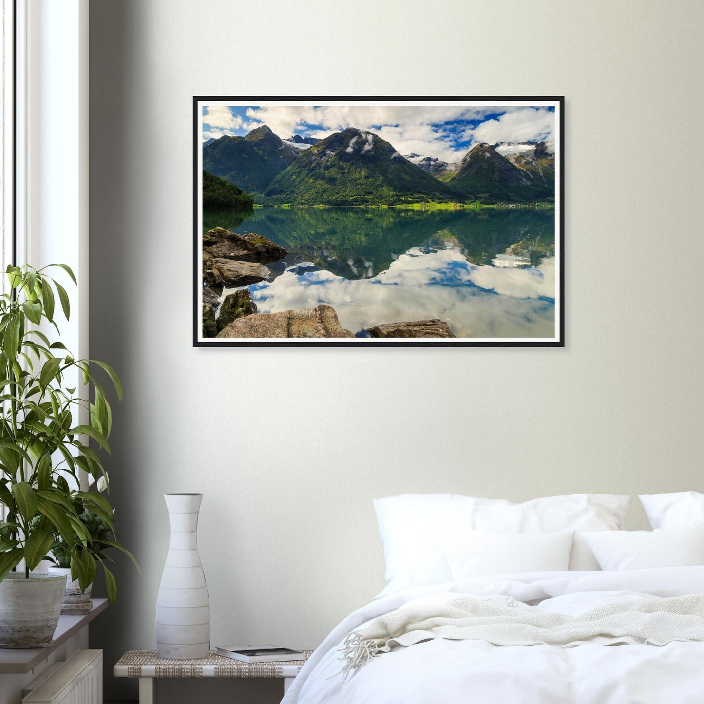 Lush green mountains mirrored in Strynevatnet Lake framed wall art