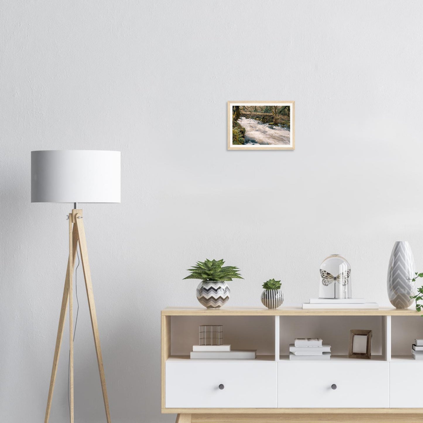 Verdant riverbanks of moss and ferns at River Plym framed wall art