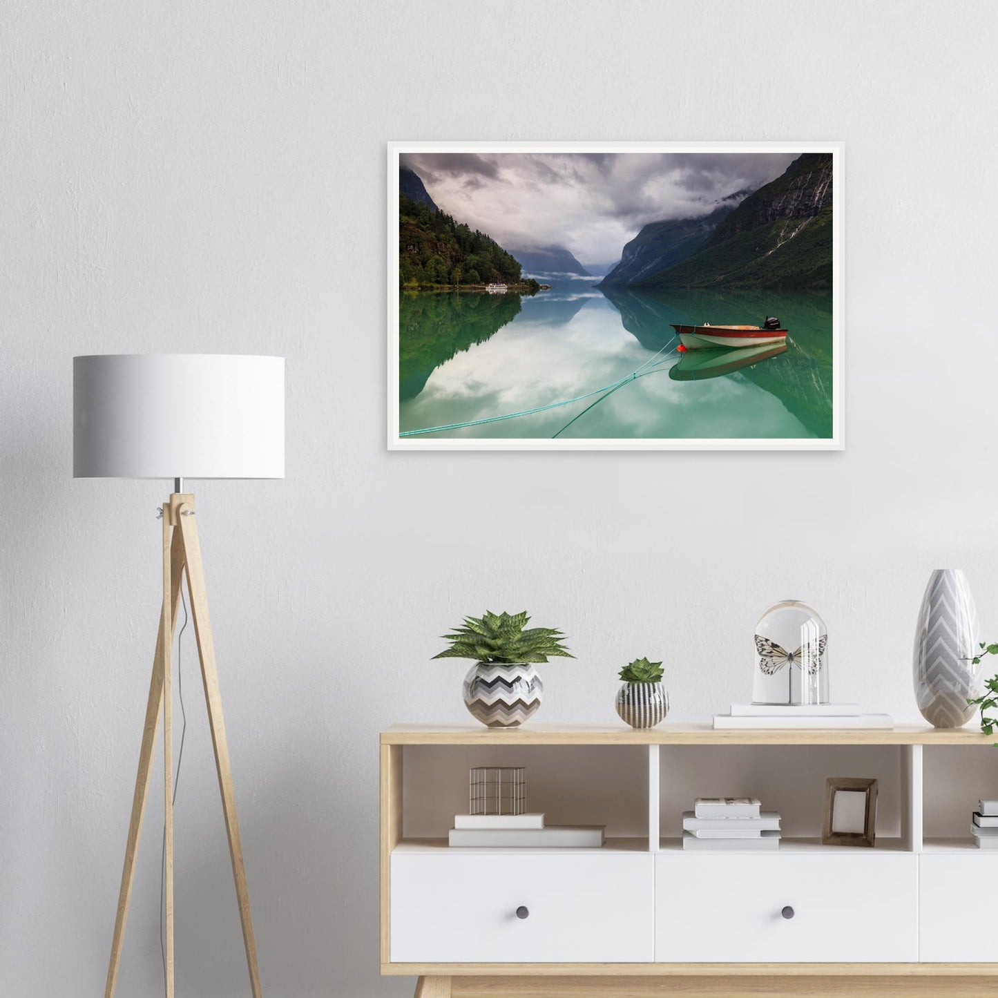 Serene Norwegian lake framed wall art of Lovatnet reflections