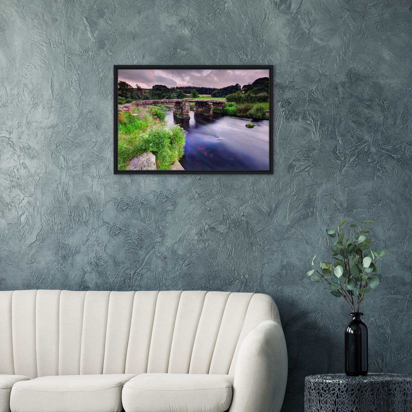 Dartmoor framed canvas print with flowing river and rustic bridge