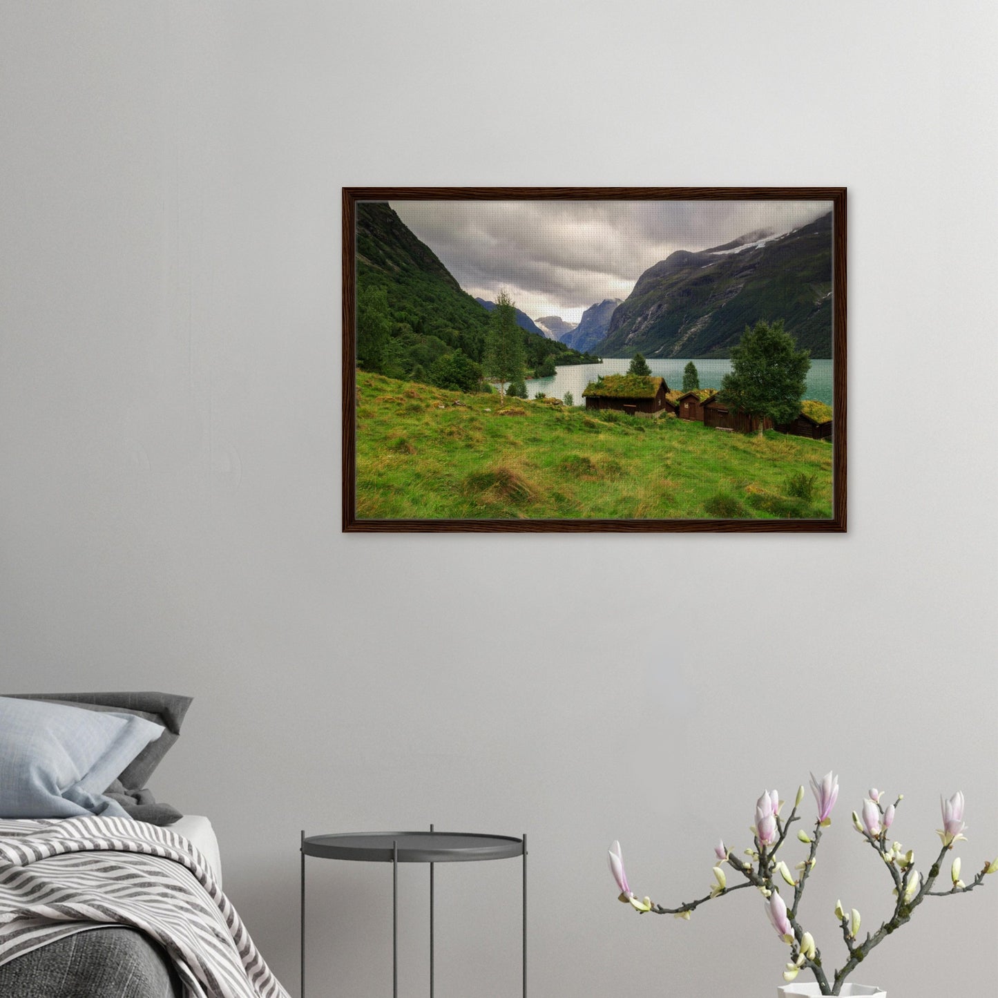 Turquoise water and rustic houses in Lodalen Valley artwork