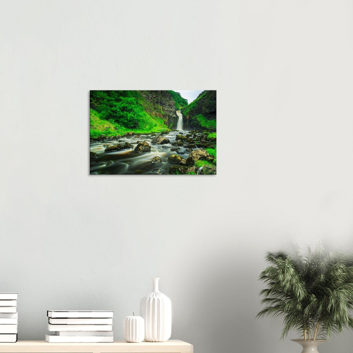Lealt Falls waterfall canvas print with misty veil of rushing water and vibrant plants framing the rugged landscape.