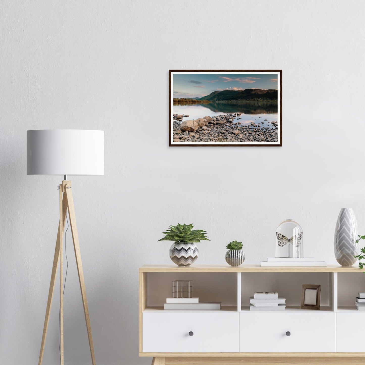 Atmospheric framed wall art of Bassenthwaite Lake evening glow