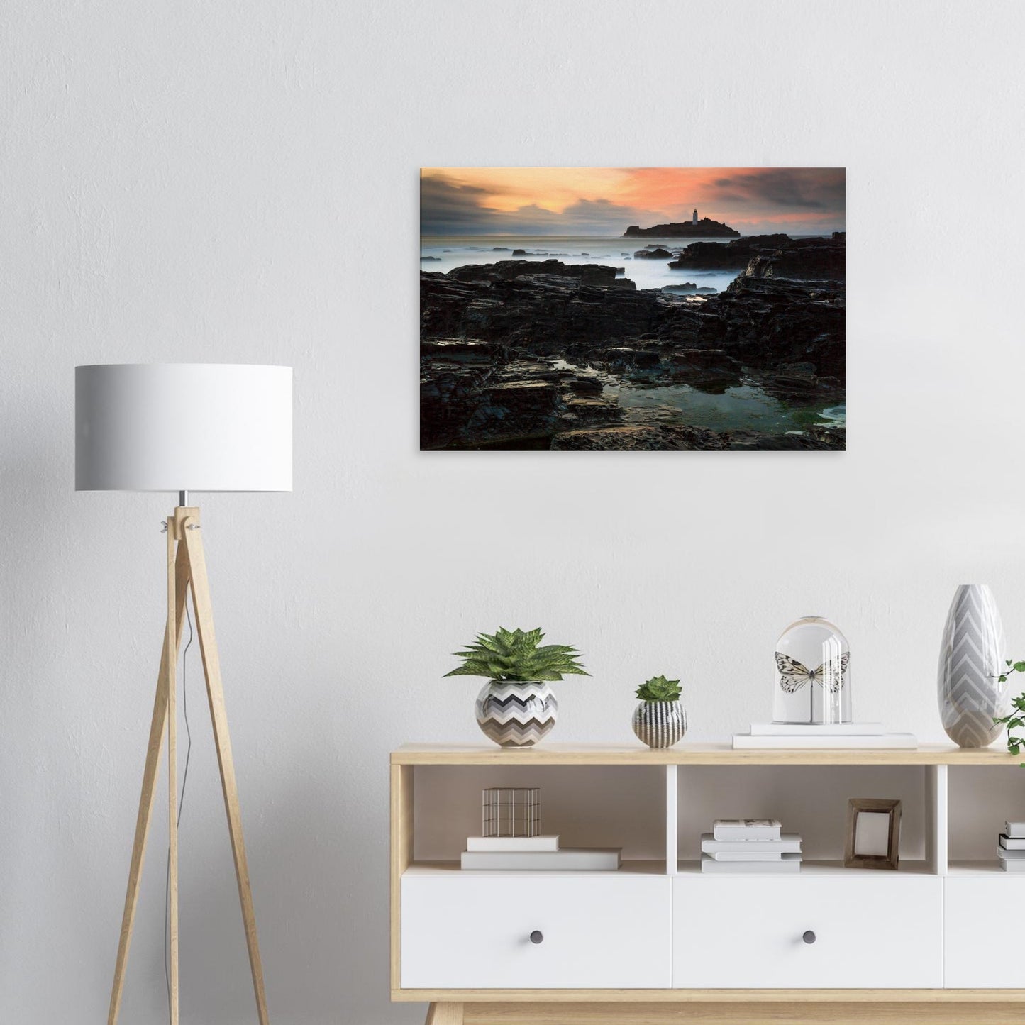Canvas artwork of Godrevy’s golden hour with dramatic sky and timeless coastal features.