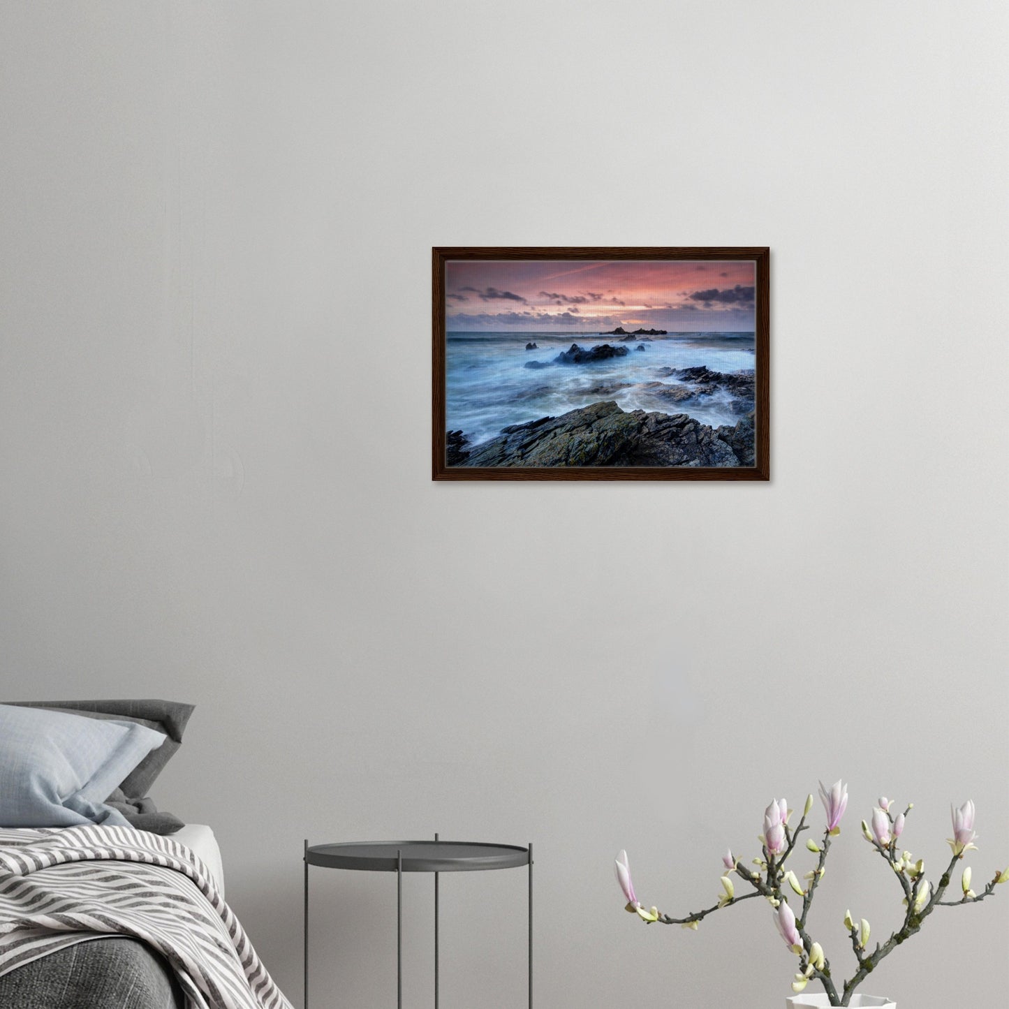 Rocks and foamy waves in Heybrook Bay sunset framed print
