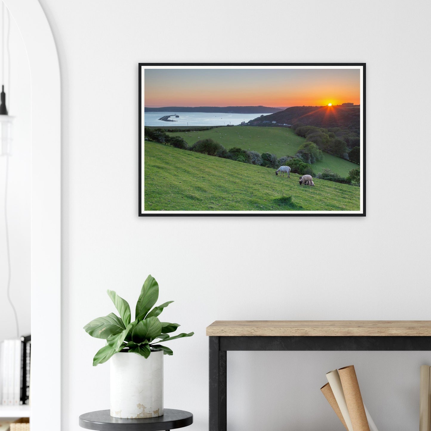 Scenic framed print of Plymouth Sound coastline with hillside sheep