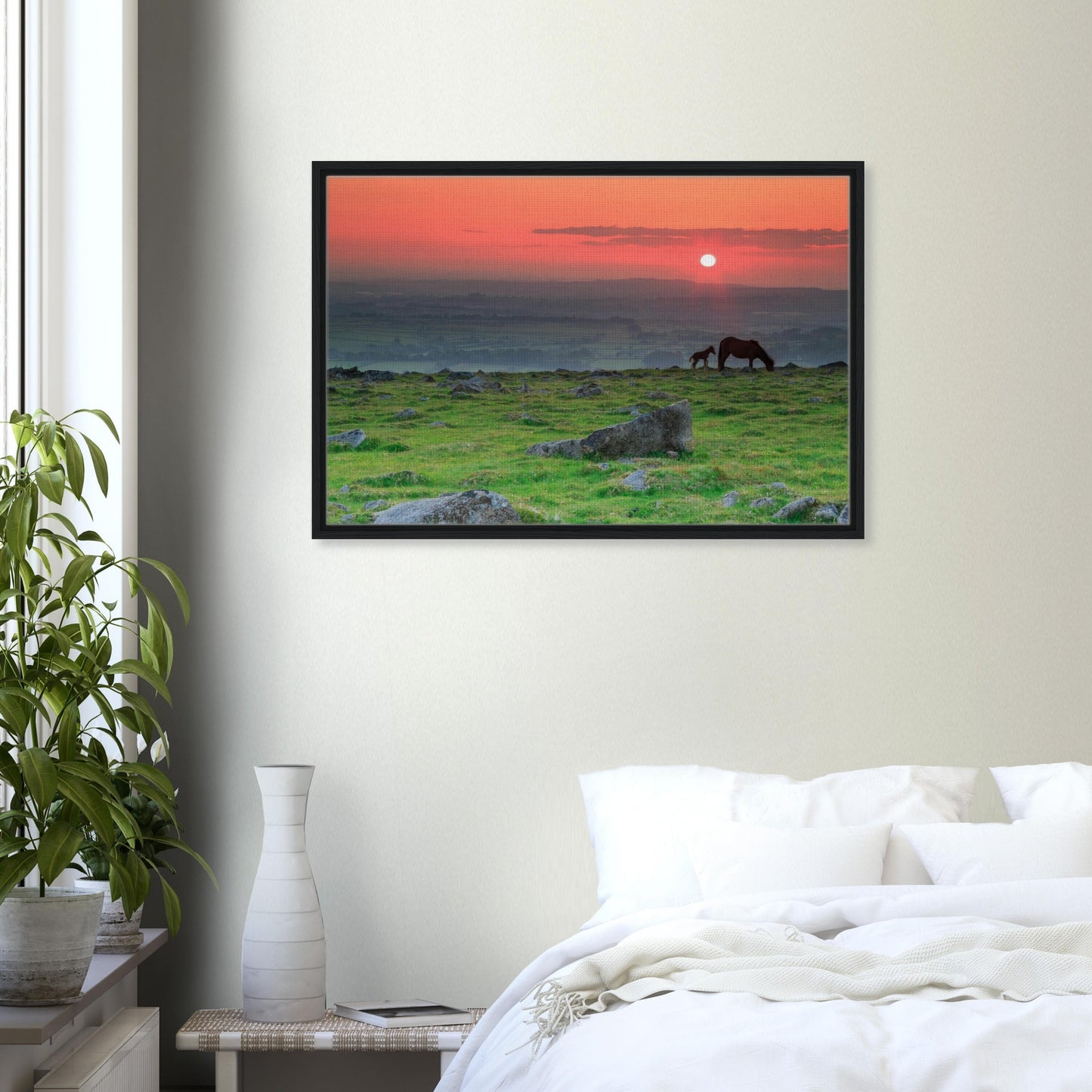 Serene Dartmoor landscape with horses at sunset in artwork