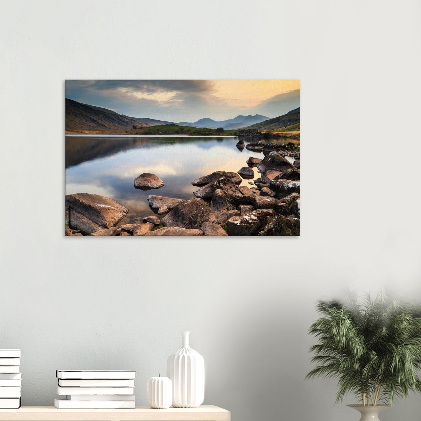 Canvas print of Llynnau Mymbyr lake at dusk with soft glowing sky reflected on tranquil waters