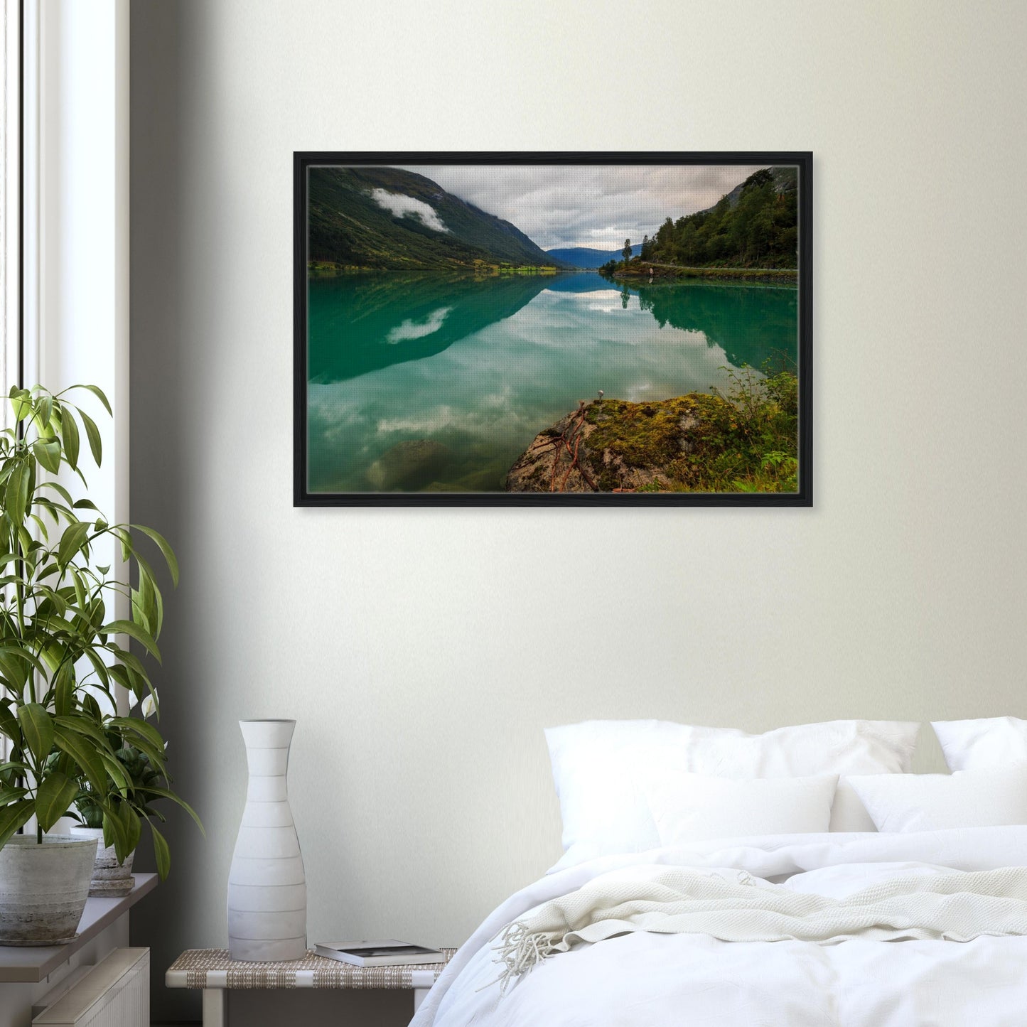 Landscape print of Norwegian lake reflecting clouds and hills