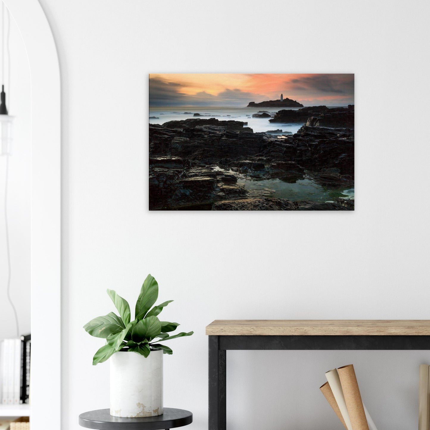 Evening seascape with Godrevy Lighthouse basking in the last light, captured in canvas form.