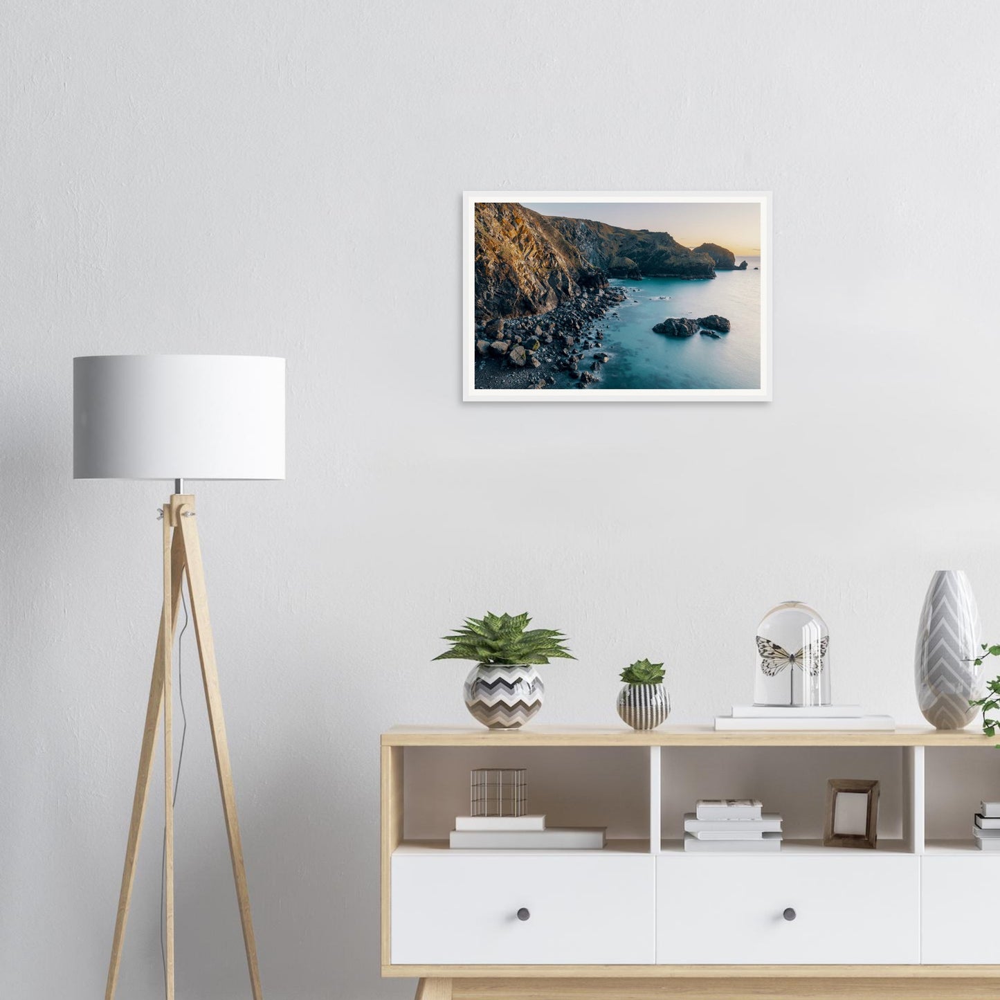 Rugged Cornish coastline at Mullion Cove sunset framed print