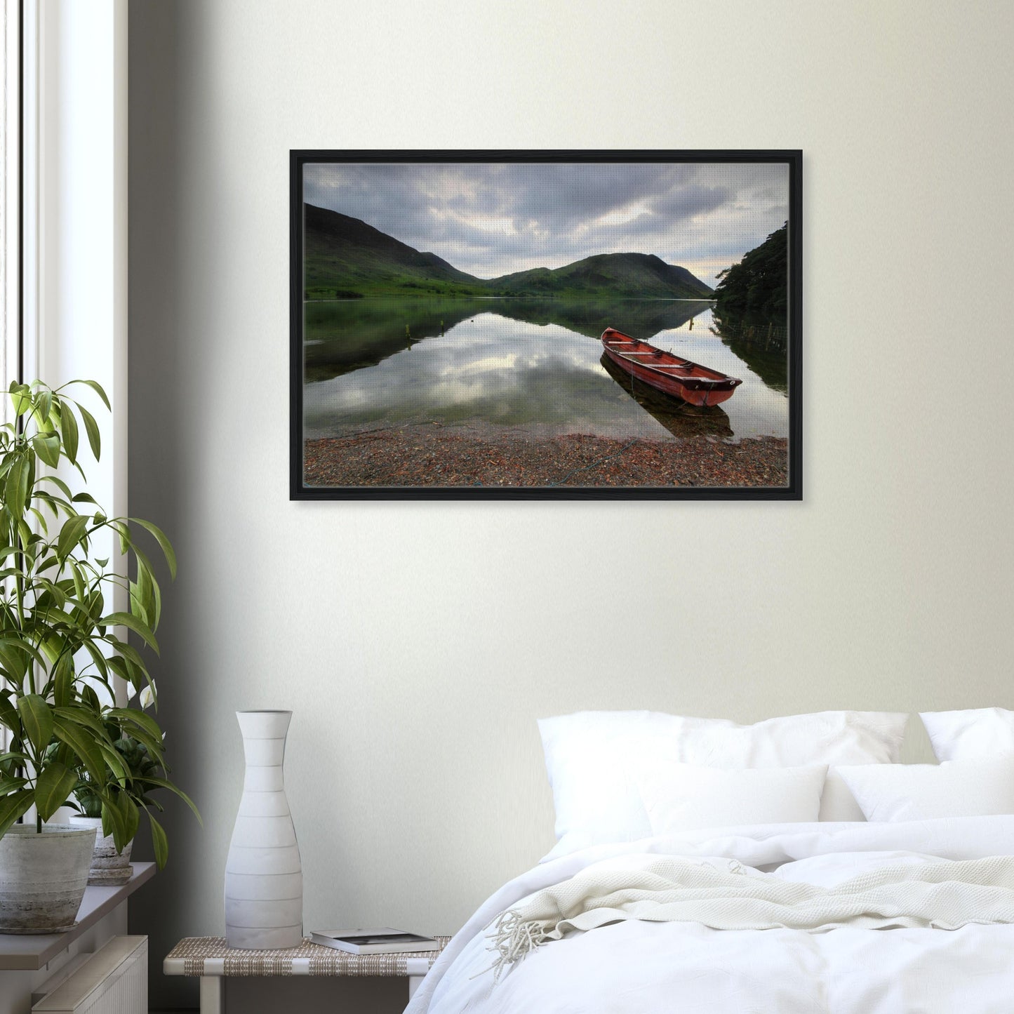 Crummock Water and red boat in minimalist landscape canvas